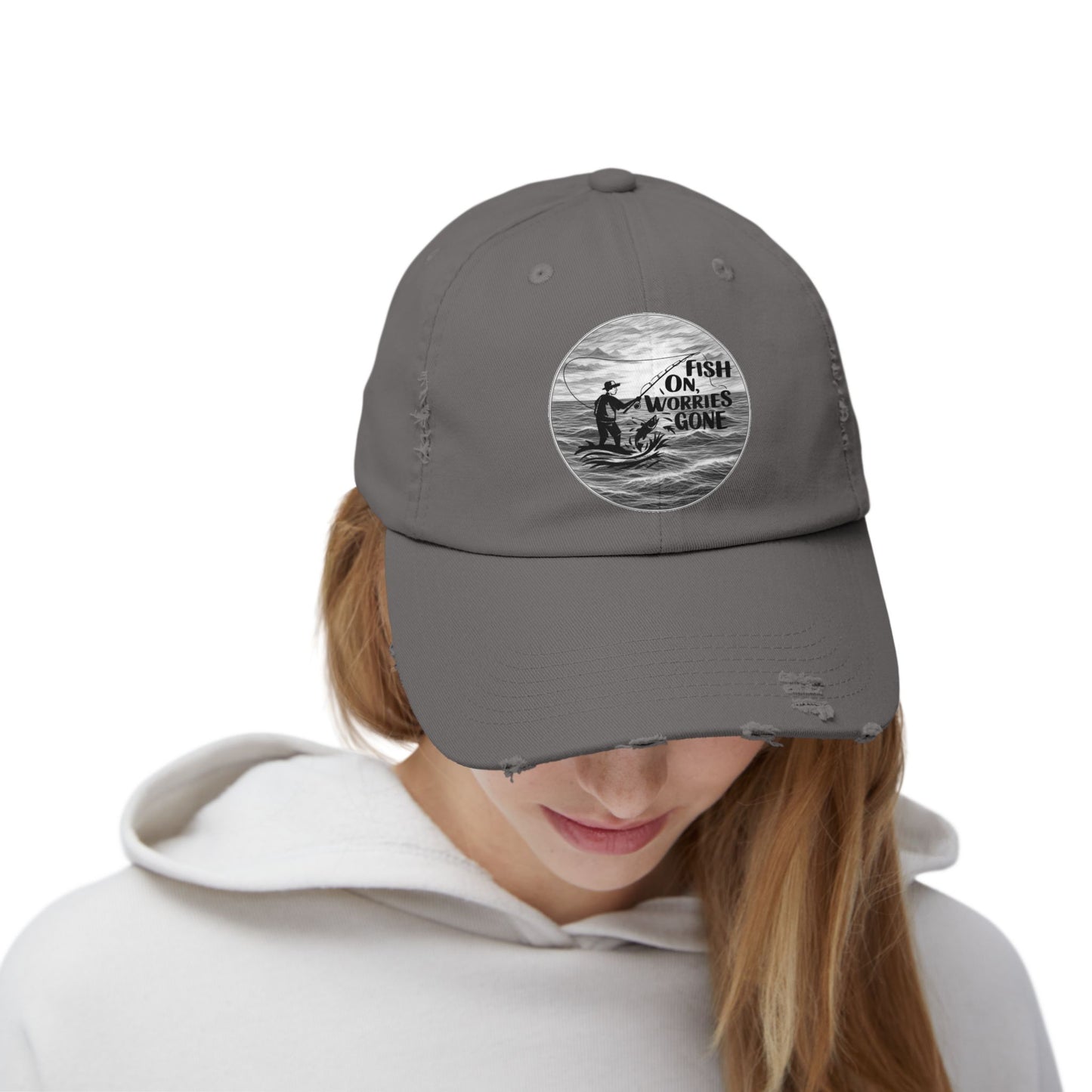 Fishing Themed Distressed Cap - Fish On Worries Gone Gift for Anglers