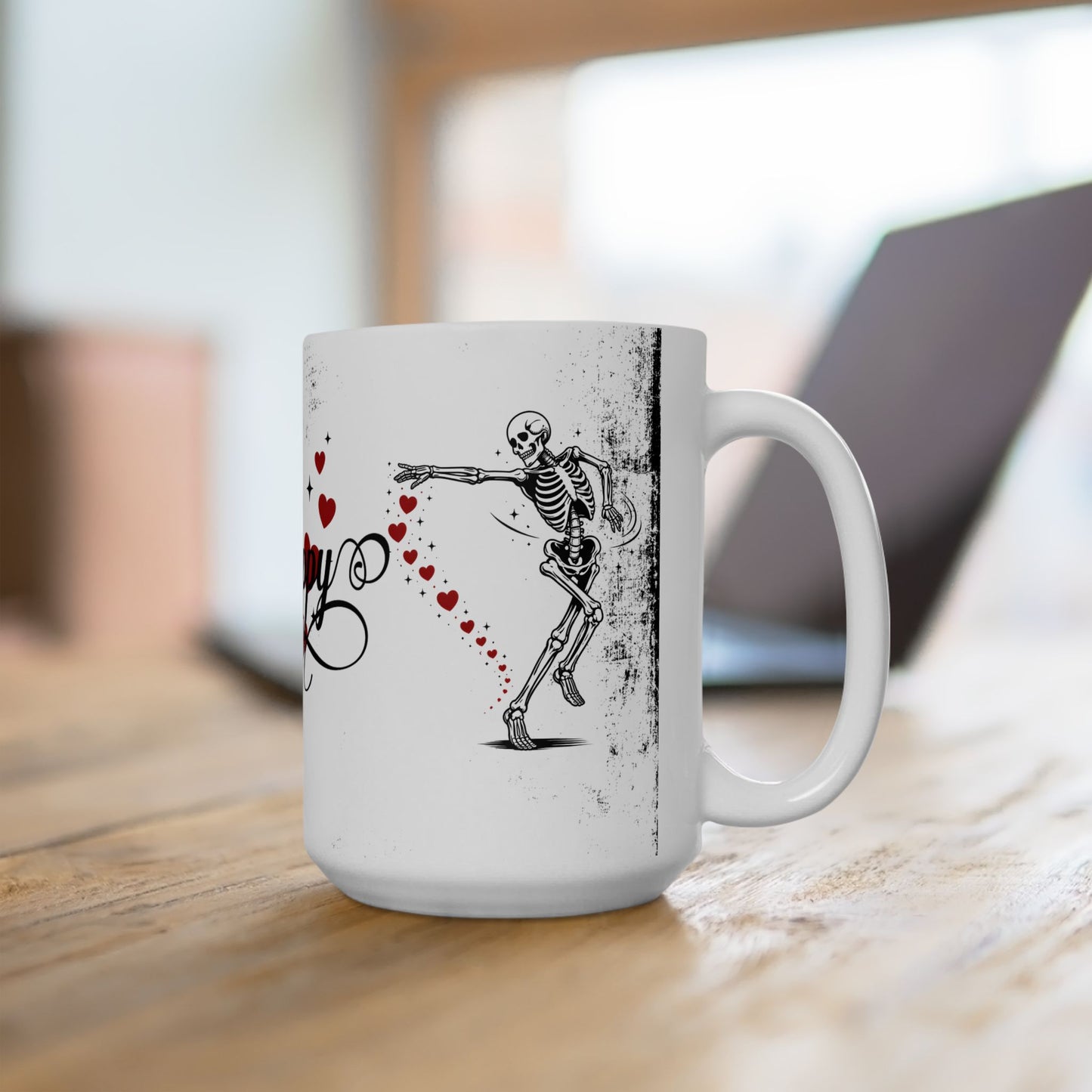 Mug — “So Happy Together” Romantic Skeleton Ceramic Coffee Mug with Hearts (11oz & 15oz)
