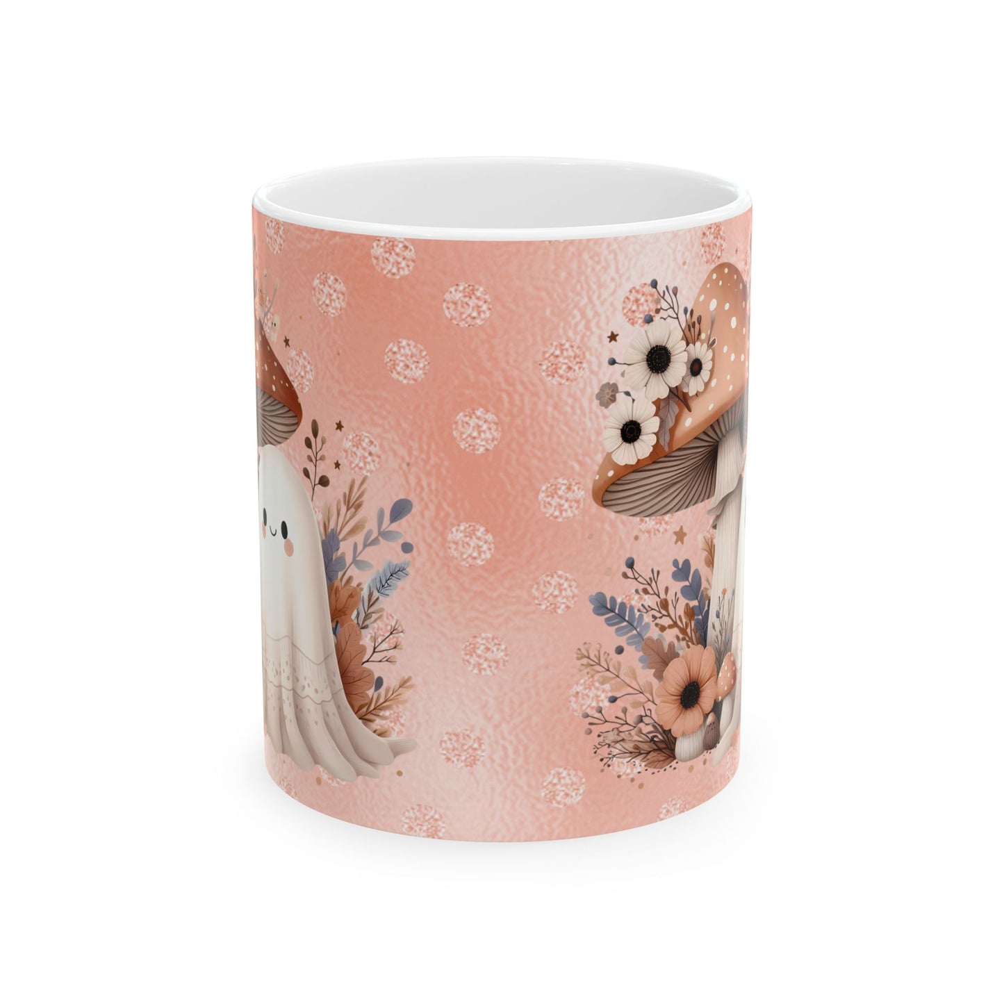 Whimsical Floral Mushroom Cute Ghost Mug, Cute Cafe Mug, Halloween Gift, Cozy Beverage Container, Fall Decor, Coffee Lover Gift