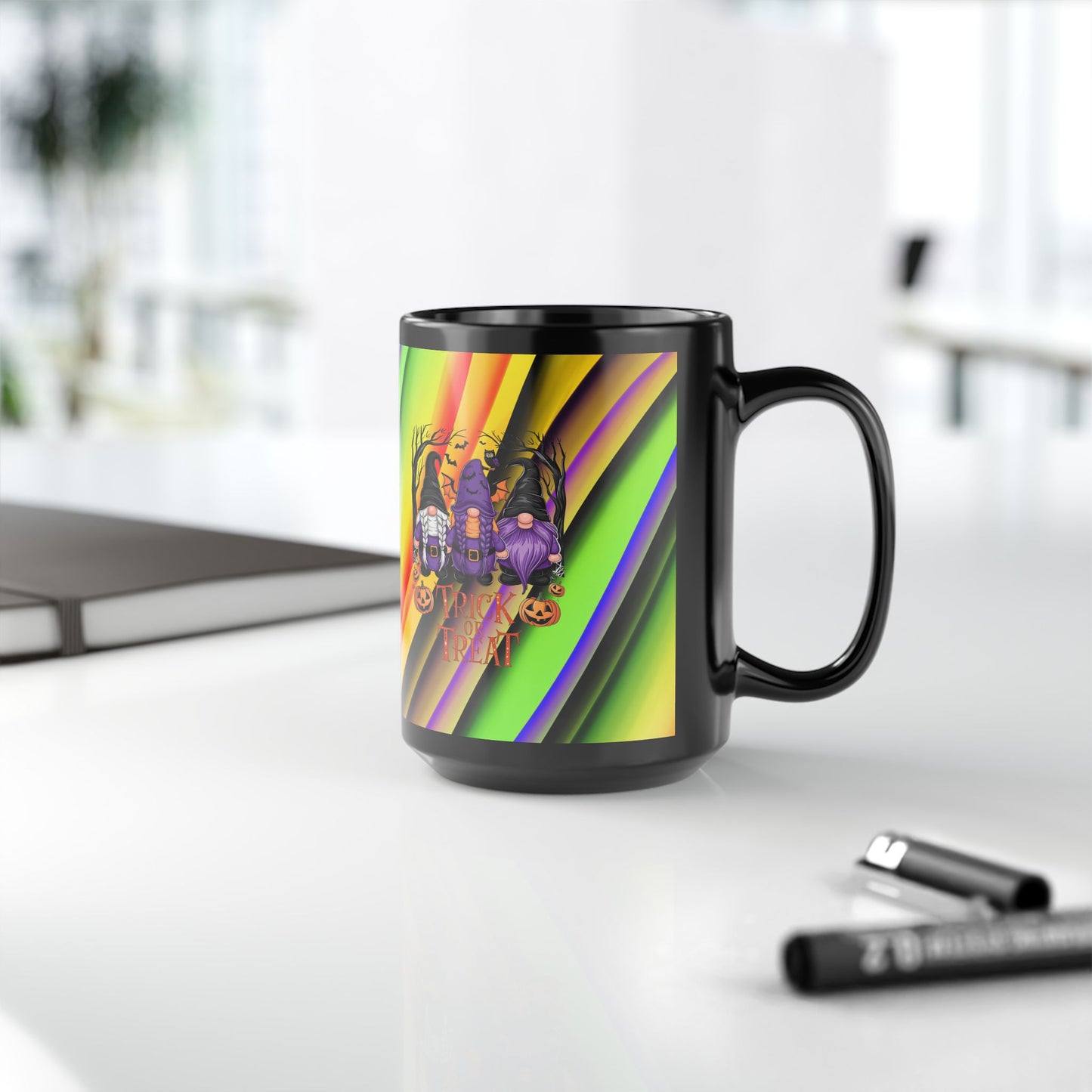 Halloween Theme Black Mug (11oz, 15oz), Cute Halloween Expression with Gnomes, Halloween Lovers, Gnome Lovers, Coffee, Tea, Hot Chocolate Lovers Gift Idea
