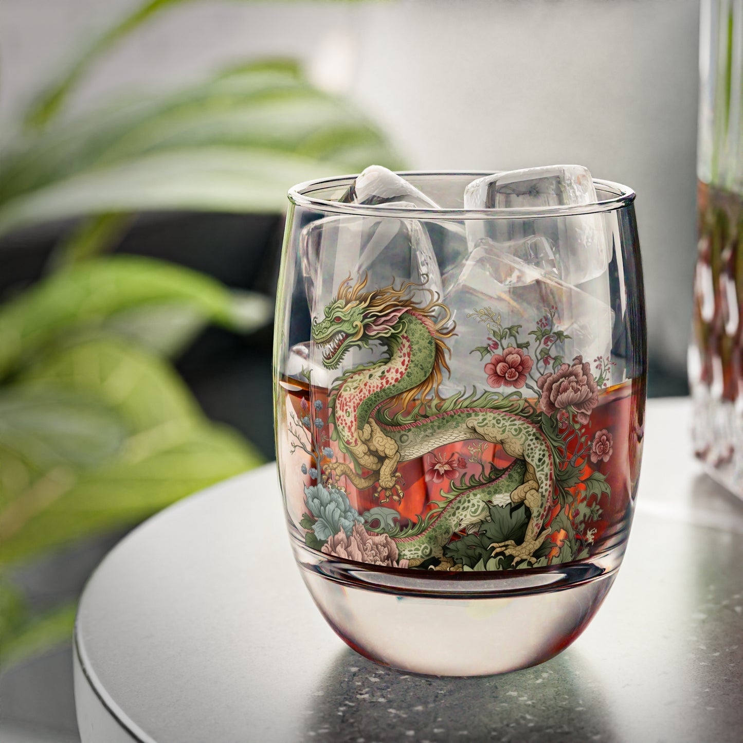 Dragon Floral Whiskey Glass 6oz — Japanese-Style Green Dragon Decorative Rocks Glass
