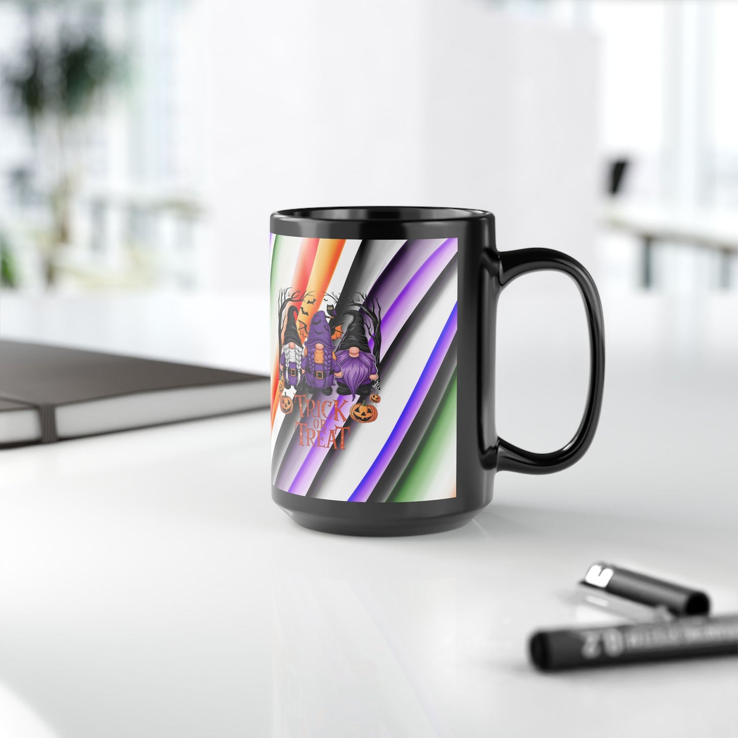 Halloween Theme Black Mug (11oz, 15oz), Cute Halloween Expression with Gnomes, Halloween Lovers, Gnome Lovers, Coffee, Tea, Hot Chocolate Lovers Gift Idea