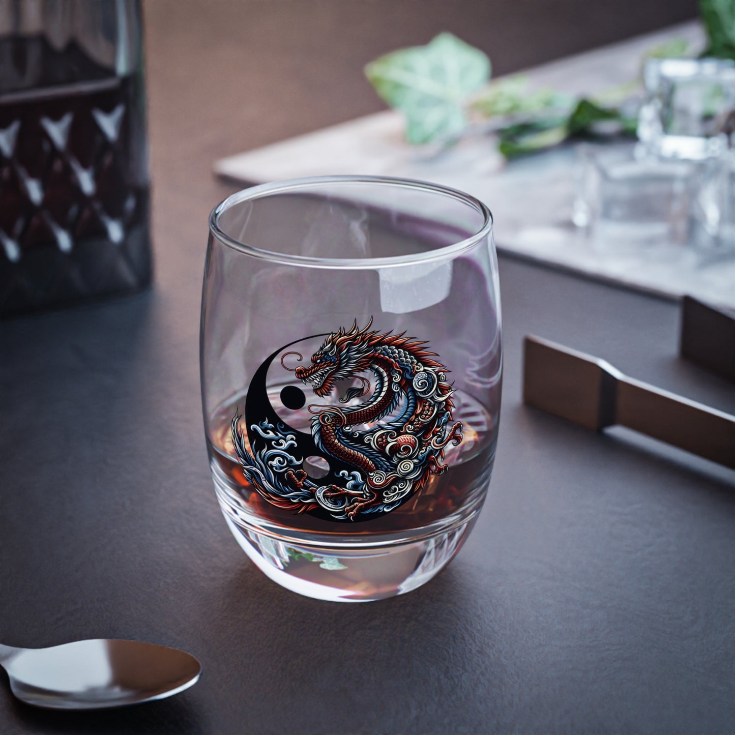 Dragon Yin-Yang Whiskey Glass 6oz — Engraved Asian Dragon Rocks Glass