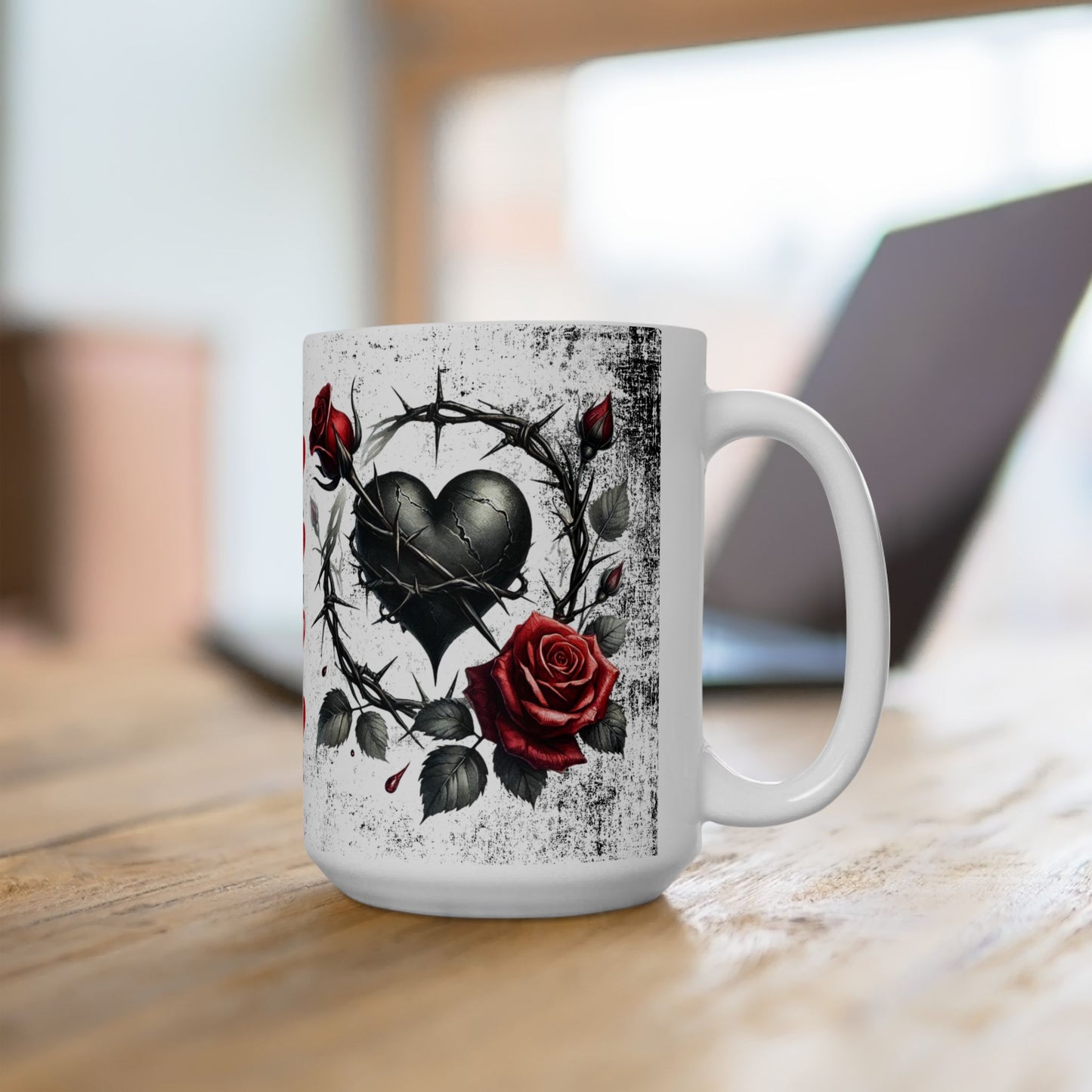 Valentine Ceramic Mug - "Will You Be My Valentine" Gothic Red Rose & Thorn Design with 'Valentine' Hearts (11oz/15oz)