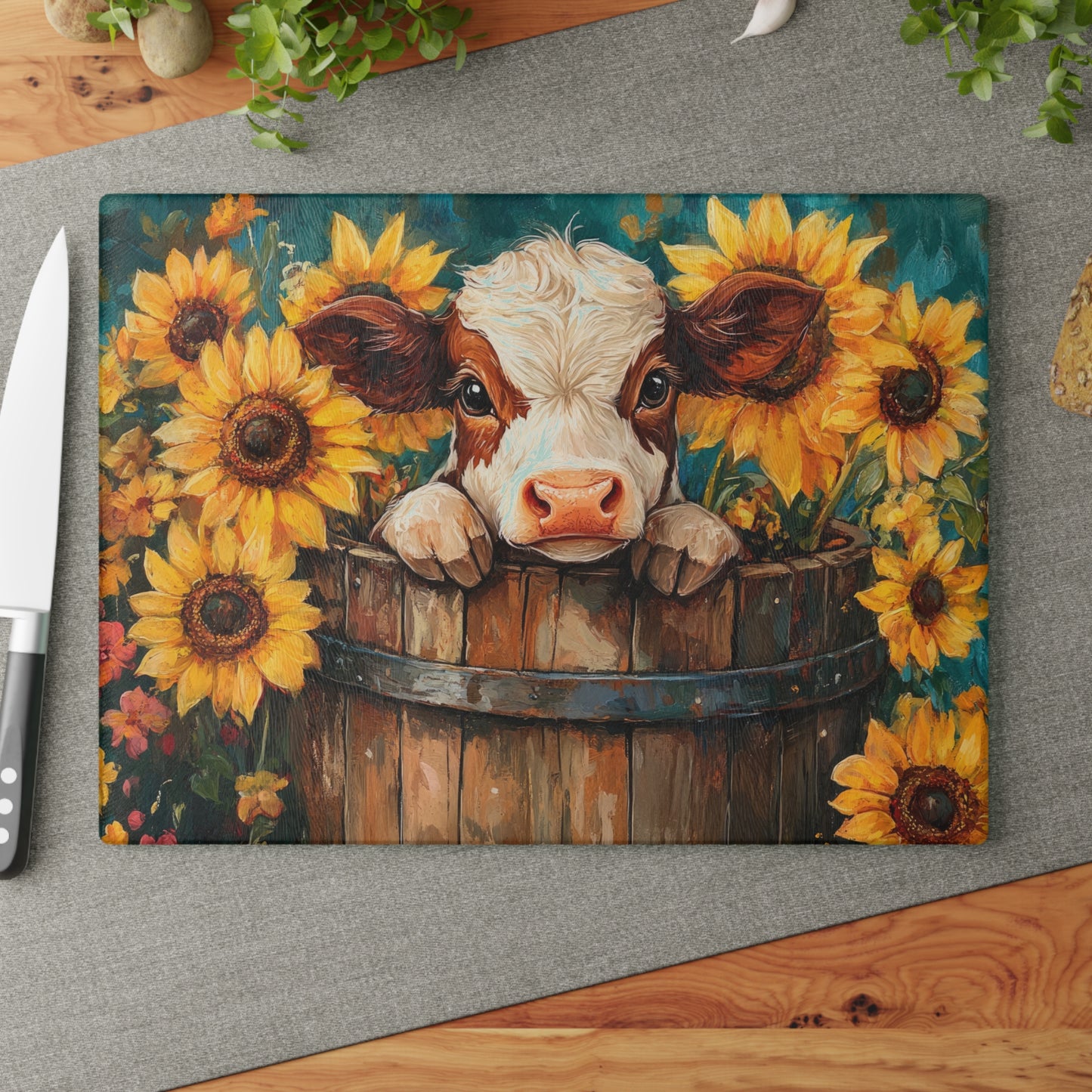 Sunflower Cow Glass Cutting Board