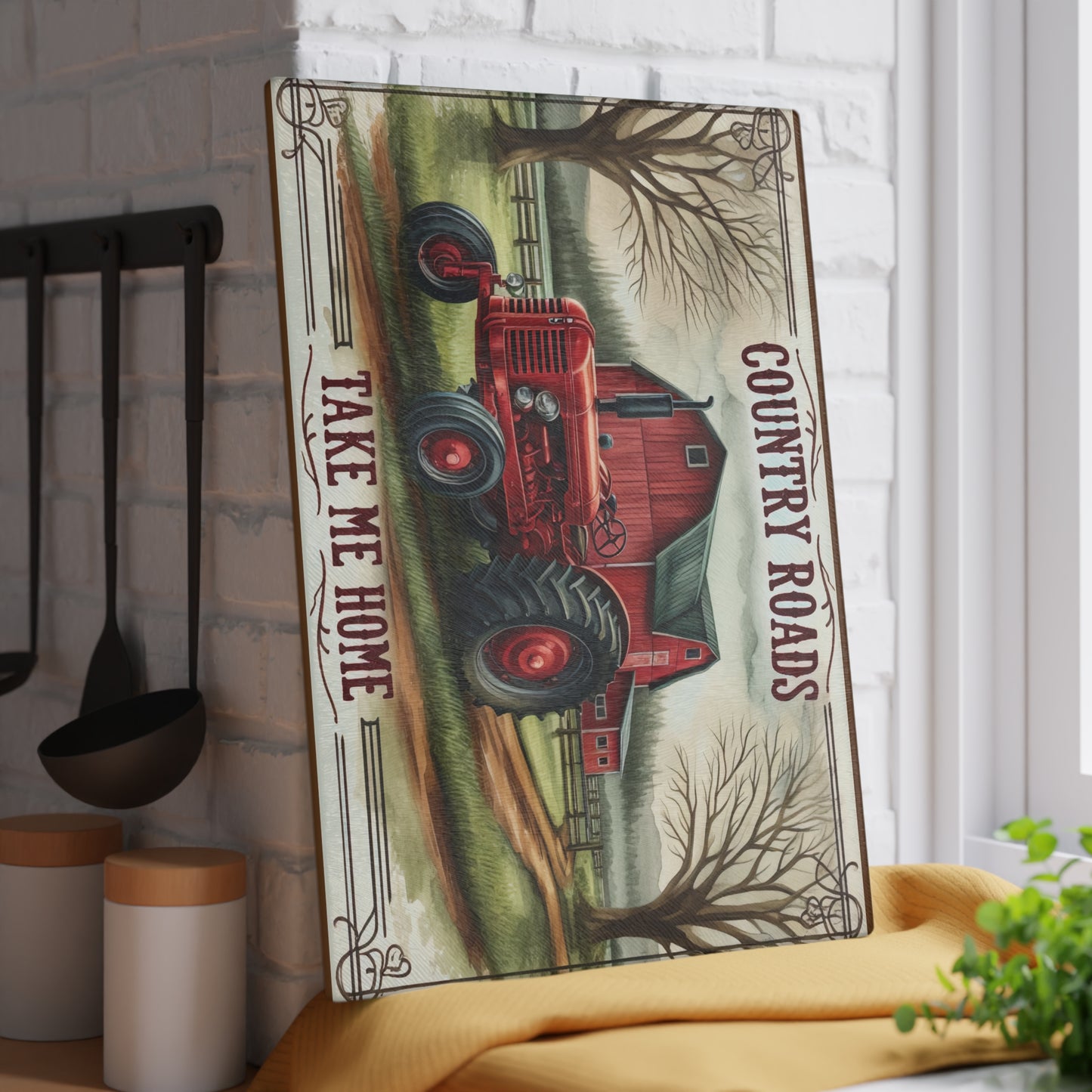 Rustic Farmhouse Glass Cutting Board with "Country Roads Take Me Home" Design