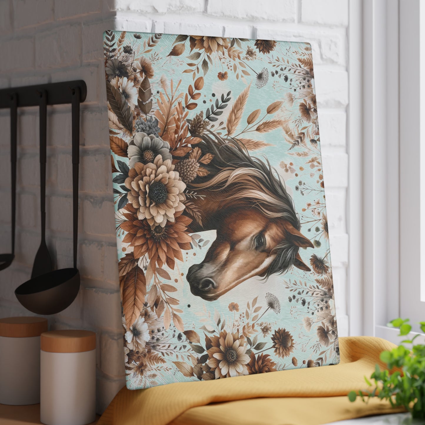 Equestrian Floral Glass Cutting Board - Perfect for Horse Lovers and Kitchen Decor