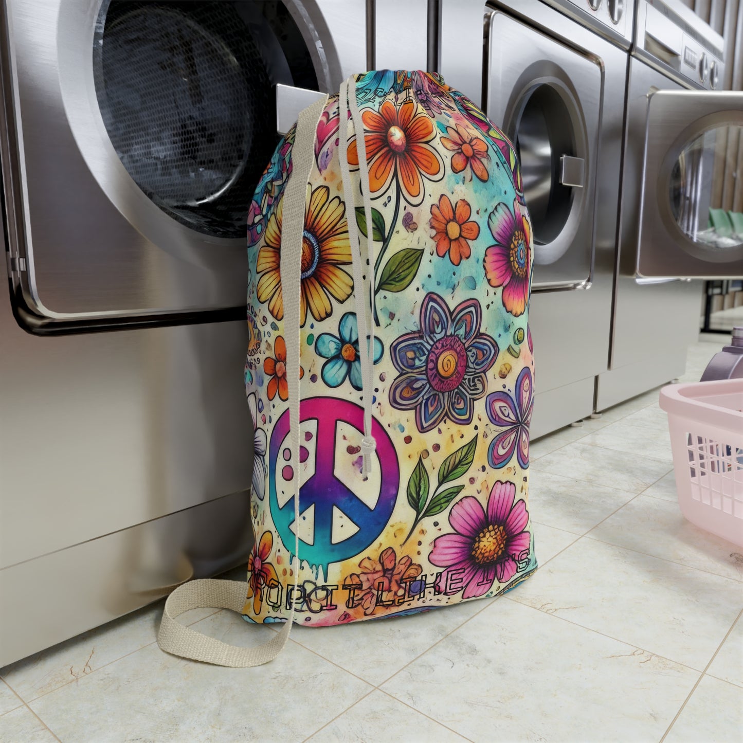 Boho Peace Floral Laundry Bag – Colorful Hippie Drawstring Hamper - "Drop It Like It's Hot" saying