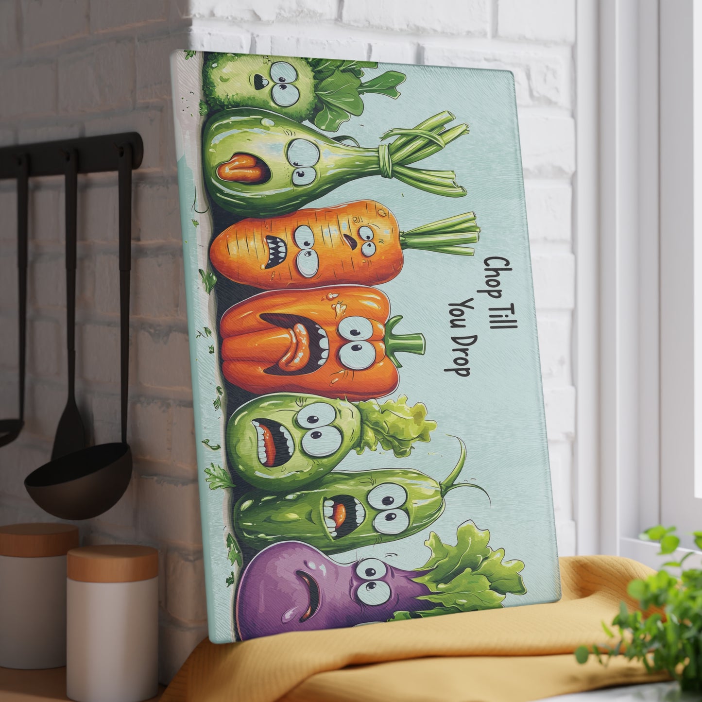 Funny Vegetable Glass Cutting Board - 'Chop Till You Drop' Design