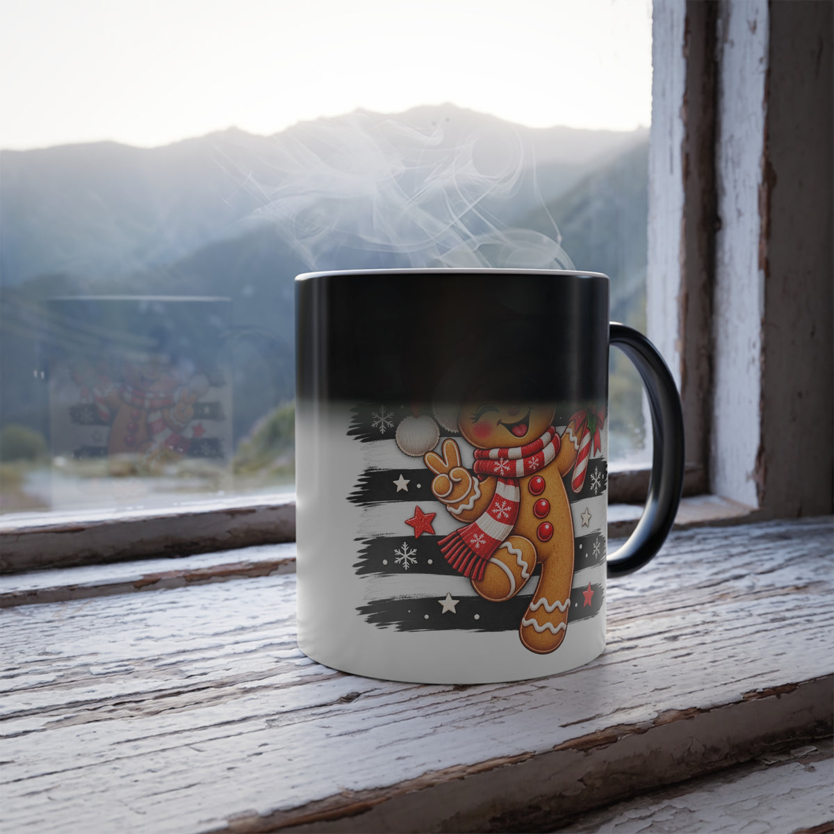 Cheerful Gingerbread Man in Santa Hat with Candy Cane Color Morphing Mug