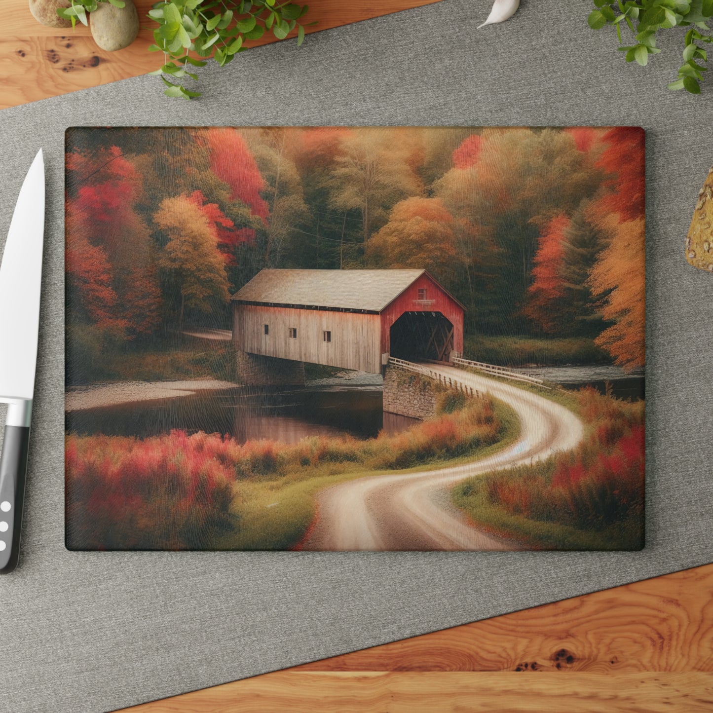 Autumn Inspired Glass Cutting Board with Rustic Covered Bridge Design