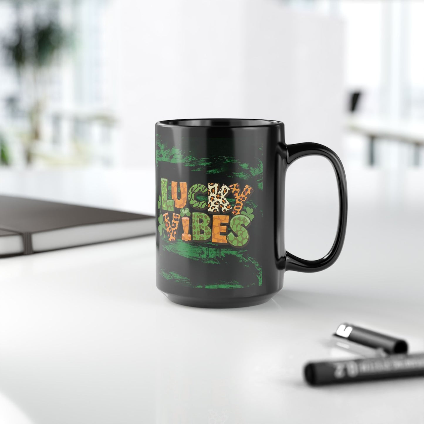 Lucky Vibes Black Mug — St. Patrick’s Day Leopard Print Shamrock Coffee Cup (11oz/15oz)
