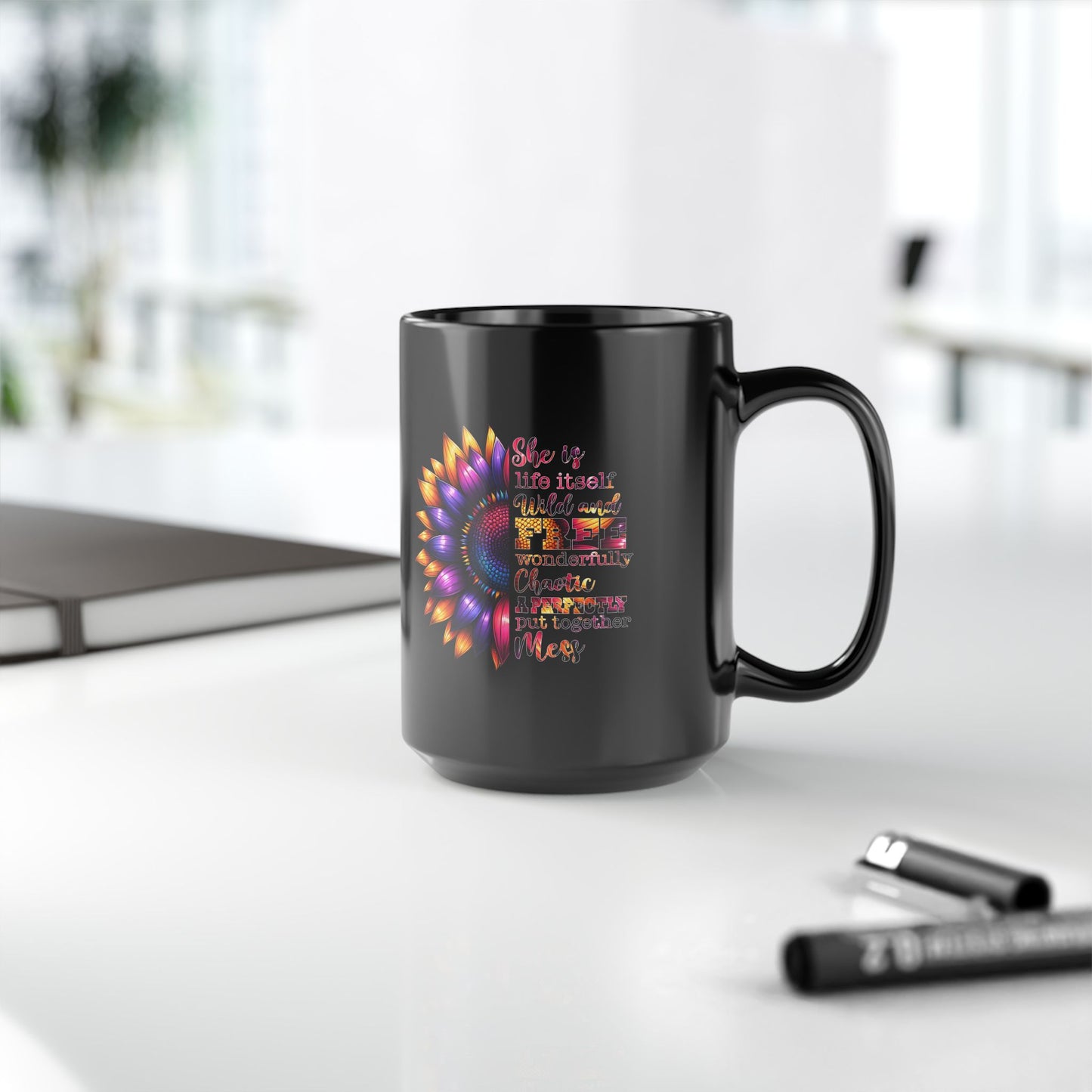Inspirational Black Mug with Colorful Flower Design - Perfect Gift for Women