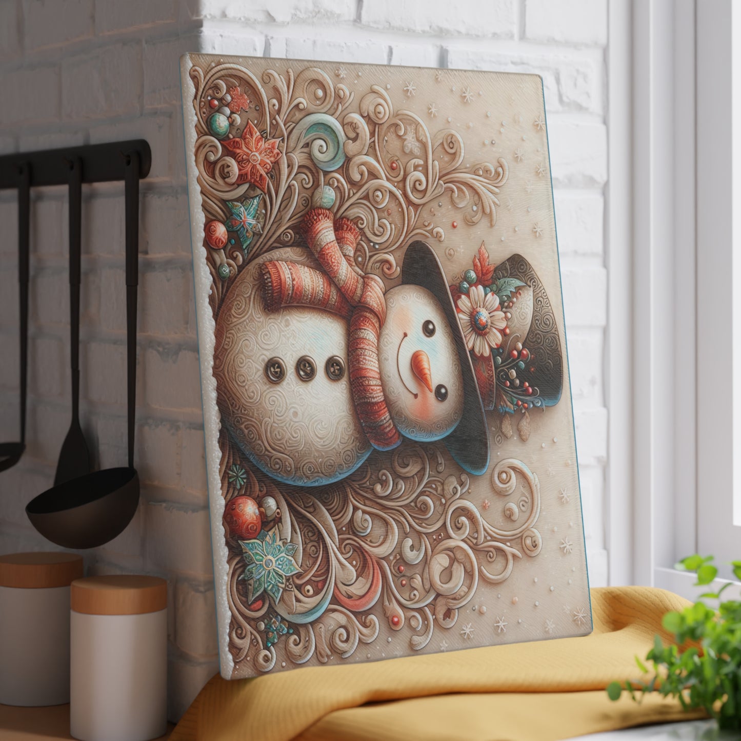 Holiday Snowman Glass Cutting Board