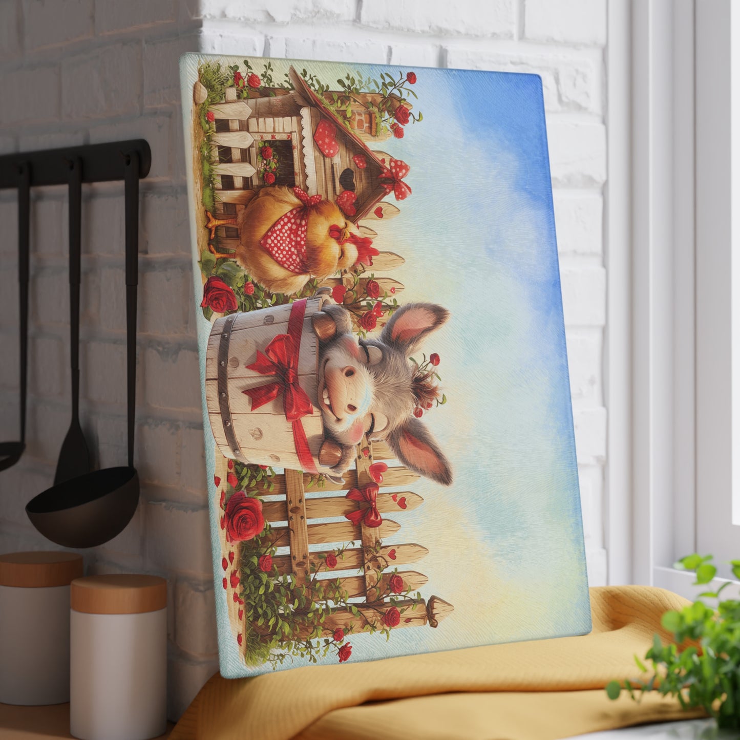 Glass Cutting Board - Cute Farm Donkey & Chicken Kitchen Decor, Heart Garland Rustic Countryside