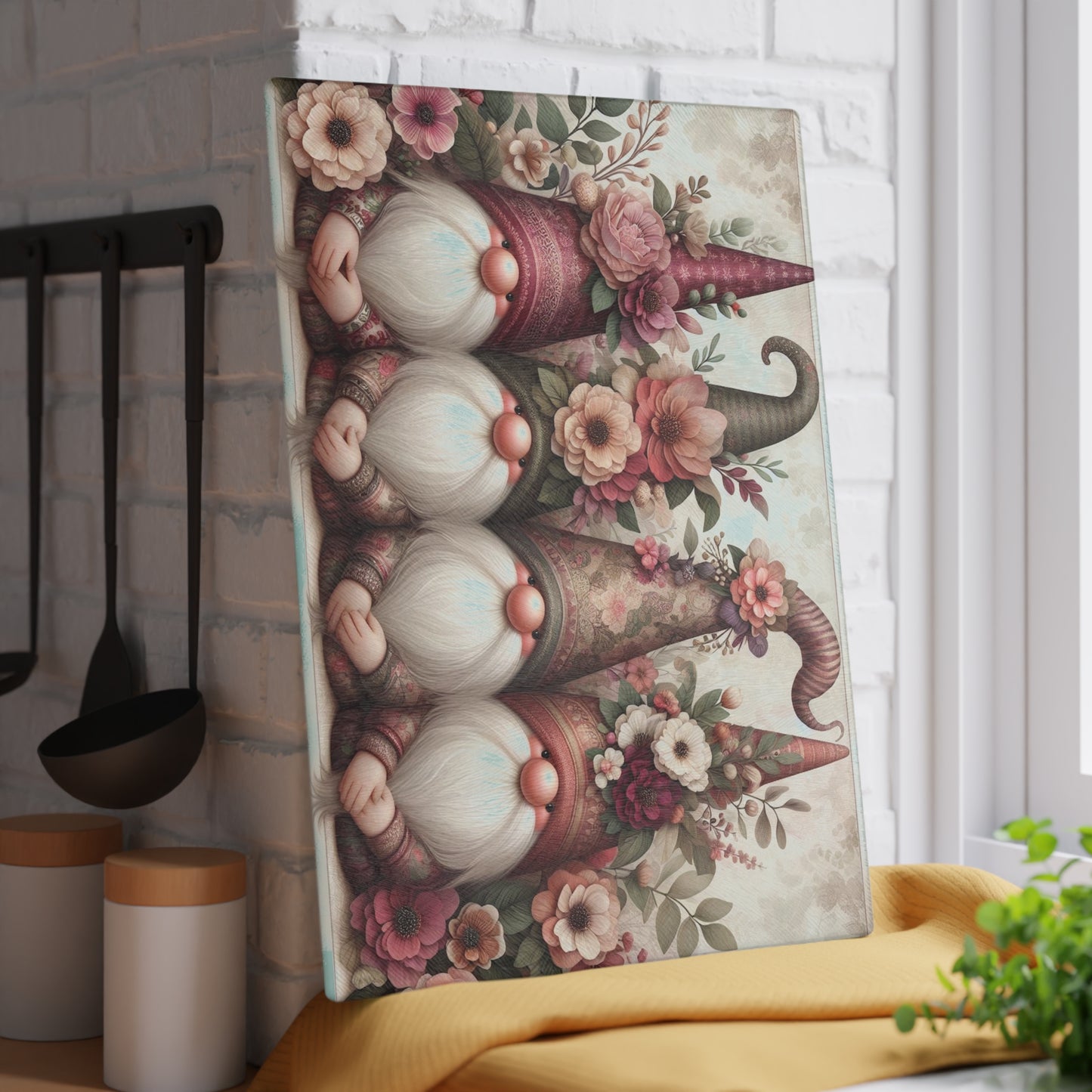 Floral Gnome Glass Cutting Board