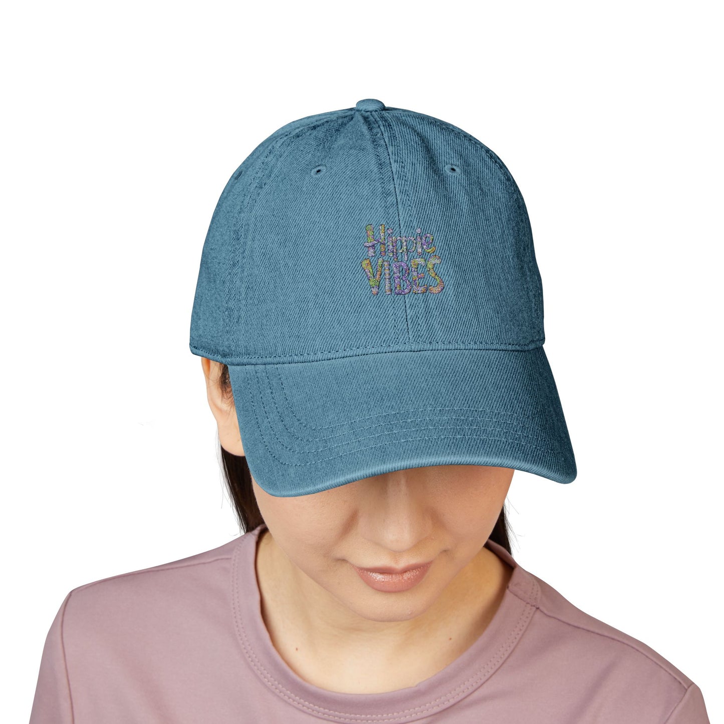 Hippie Vibes Denim Hat - Embroidered Adjustable Cap for Bohemian Style Lovers