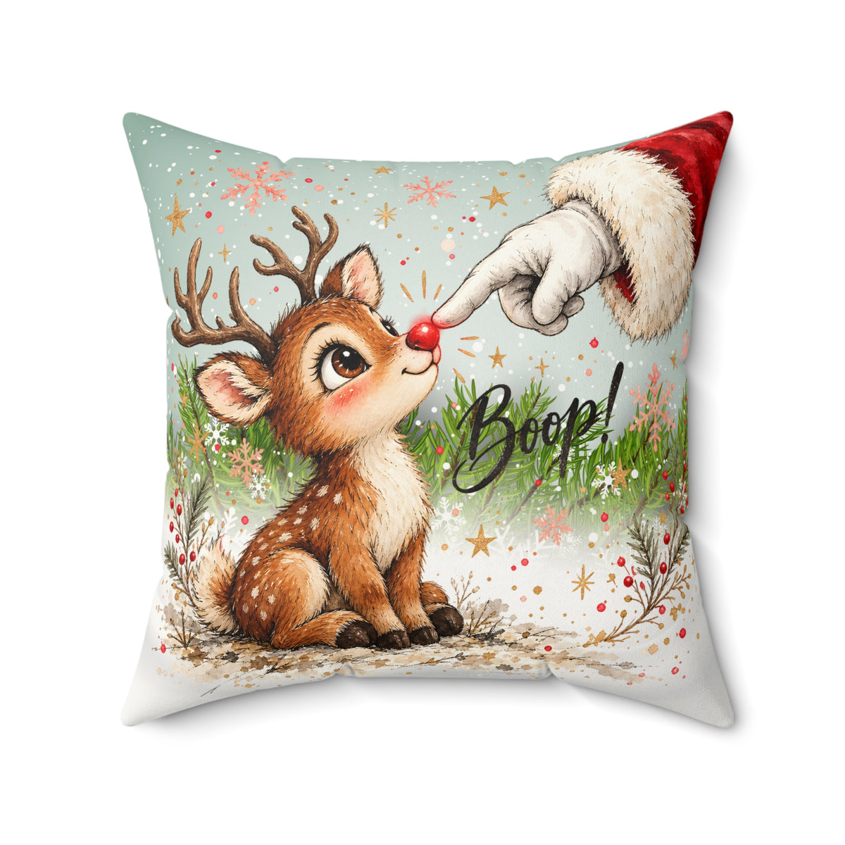 Cute Reindeer 'Boop' Christmas Throw Pillow - Faux Suede Holiday Decor Throw Pillow