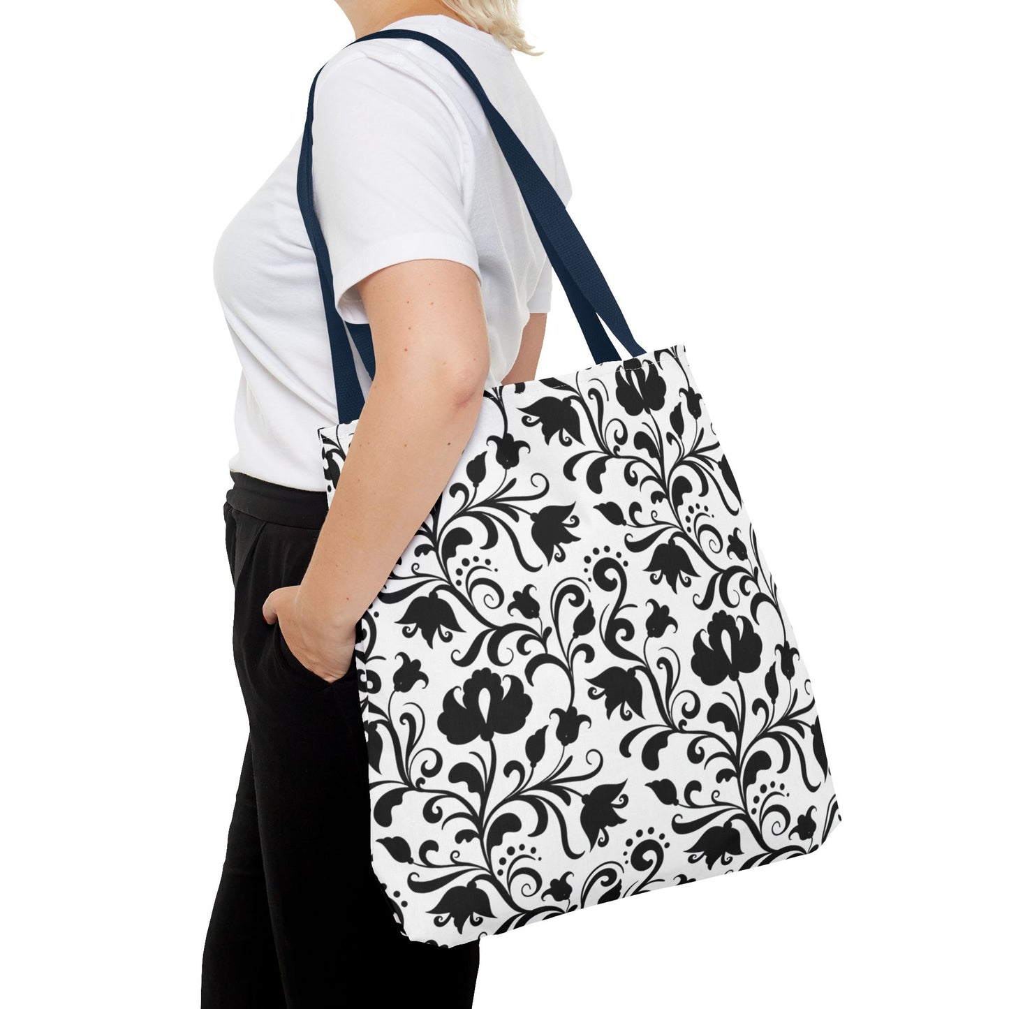 Black and White Floral Tote Bag - Stylish AOP Fashion Everyday Gift