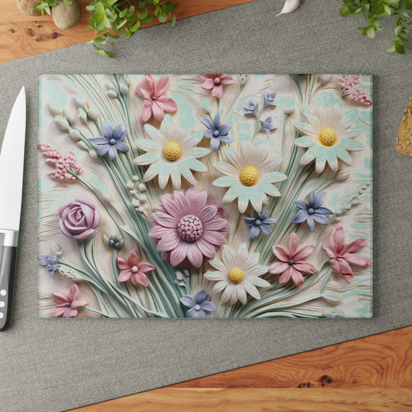 Floral Glass Cutting Board with Embossed Flower Design
