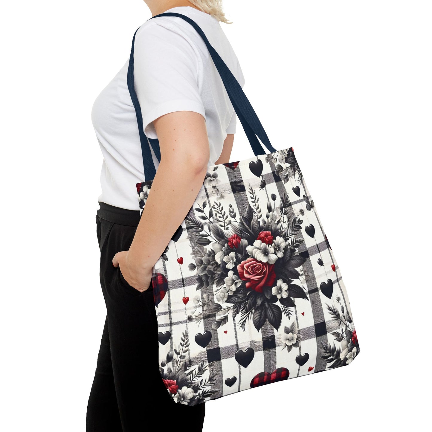 Stylish Valentine Plaid Flower Heart Tote Bag