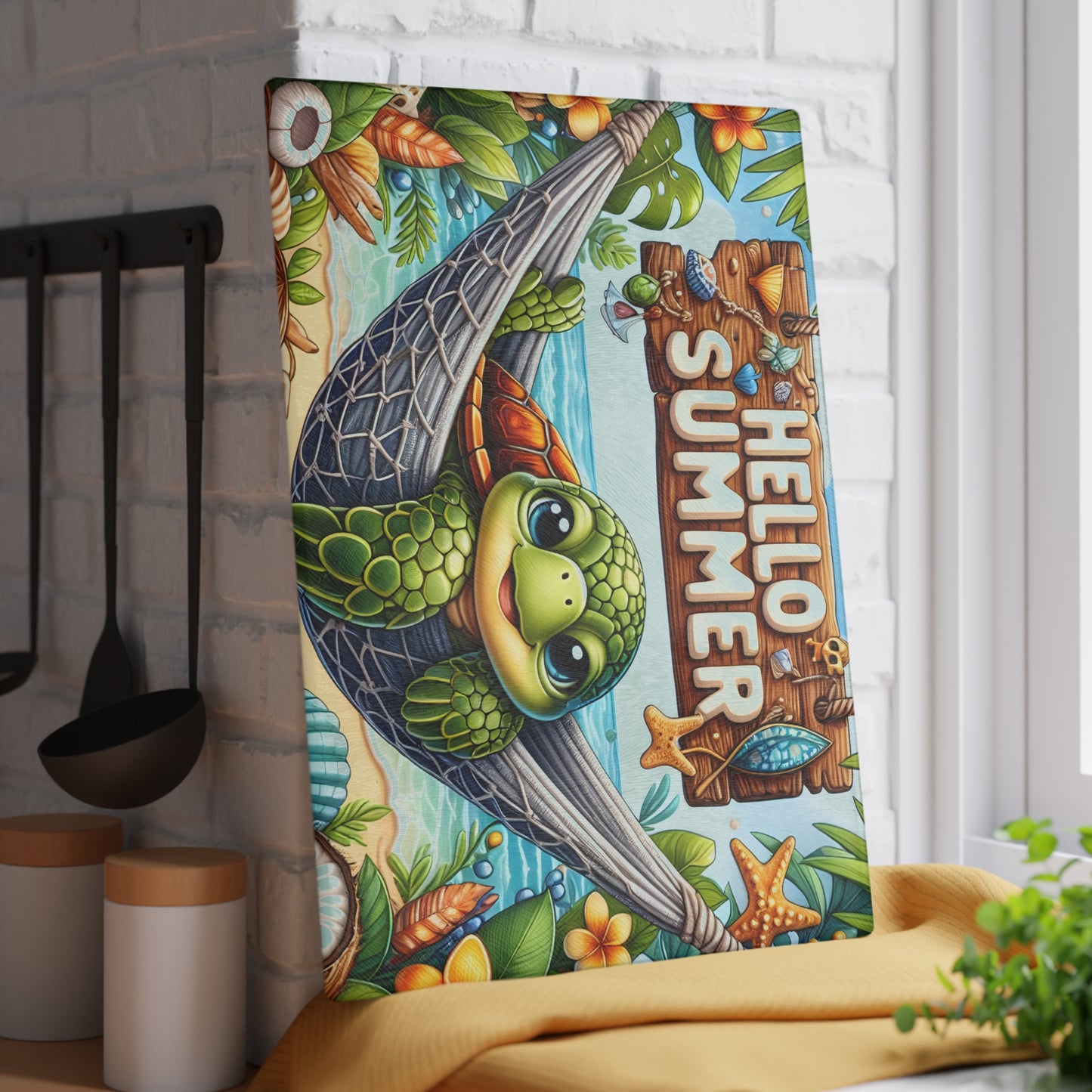 Glass Cutting Board - 'Hello Summer' Sea Turtle Beach Design