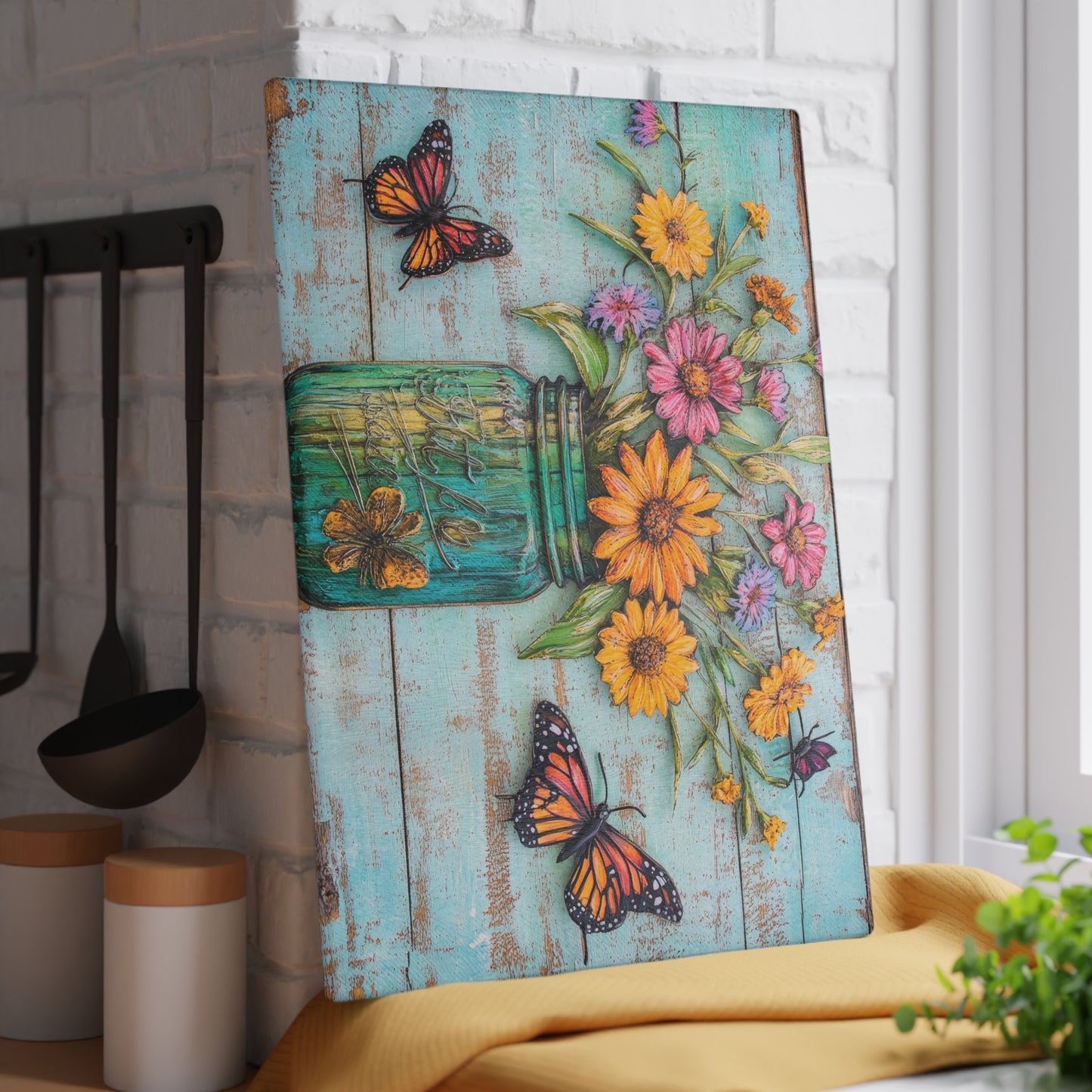 Mason Jar Floral with Butterflies Glass Cutting Board