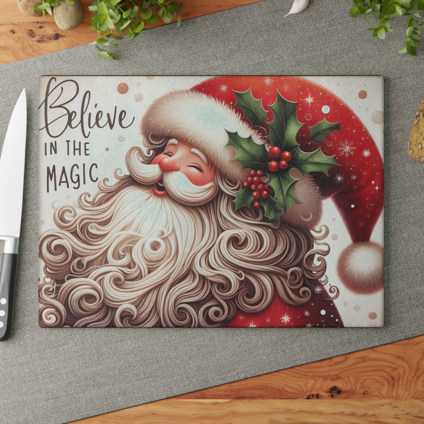 Festive Santa Glass Cutting Board - Believe in the Magic