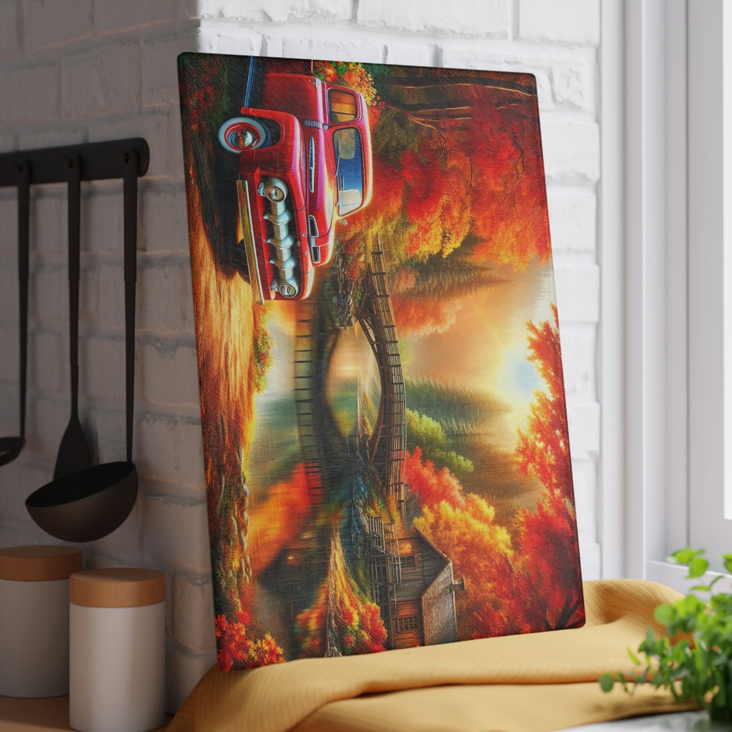 Rustic Autumn Glass Cutting Board with Vintage Truck Design