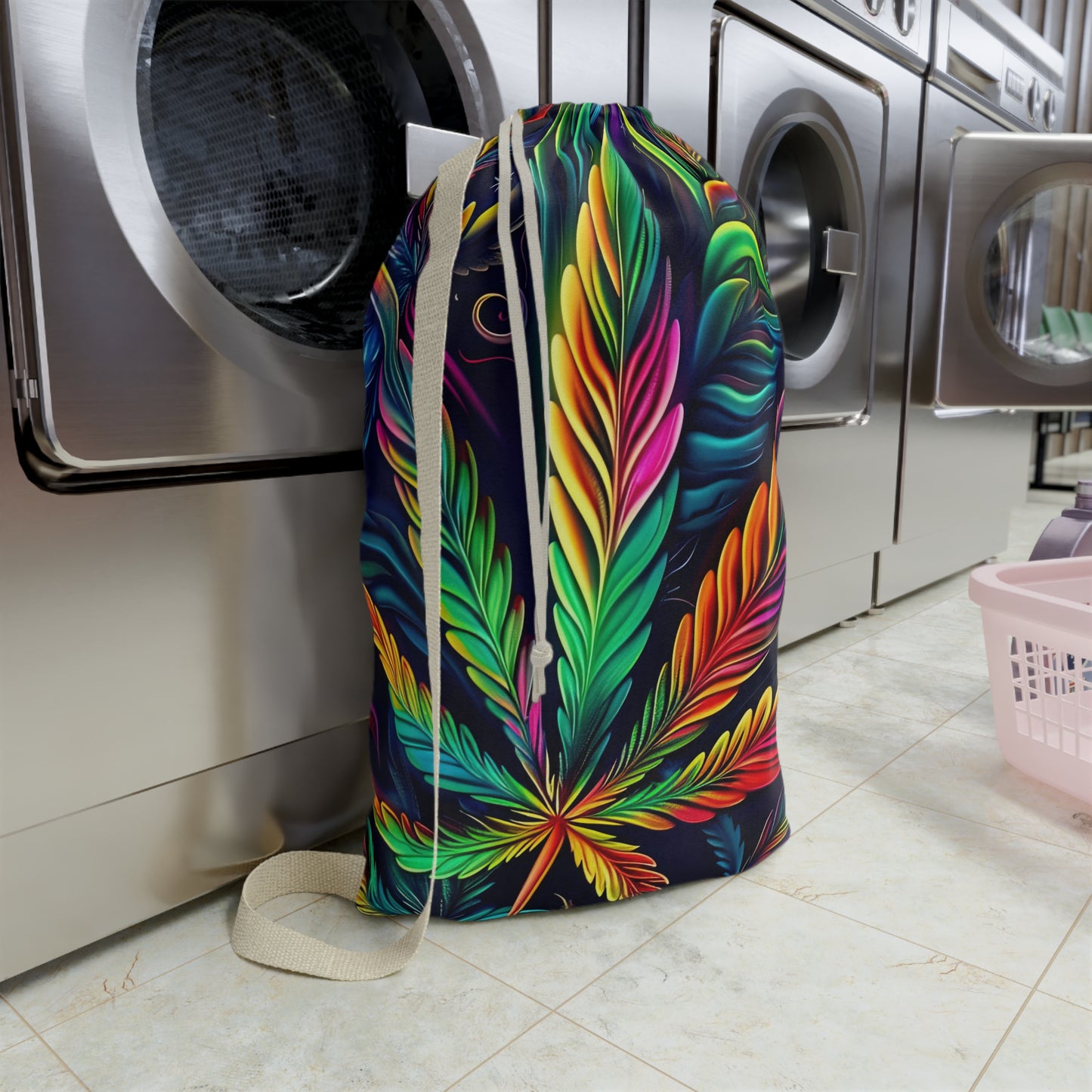 Vibrant Rainbow Botanical Leaf Laundry Bag — Boho Hippie Drawstring Tote for Dorms & Travel