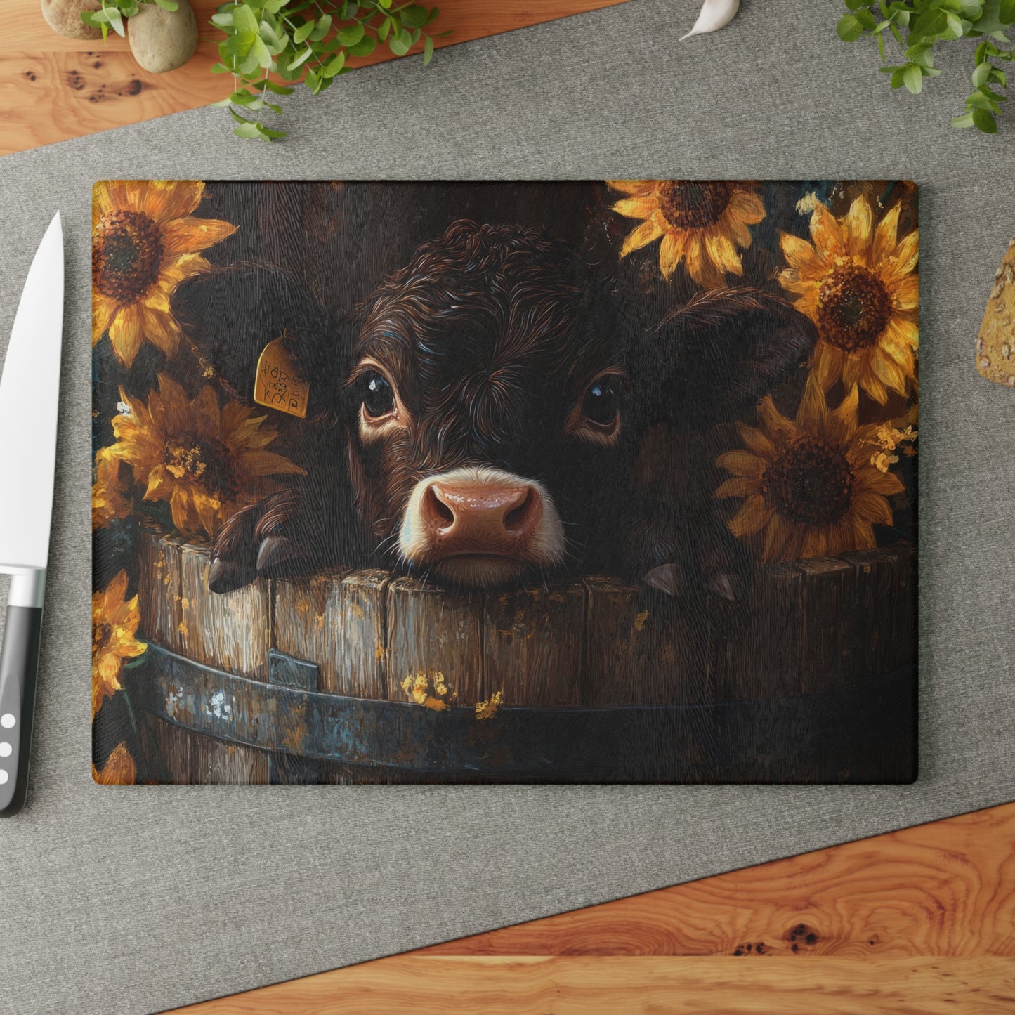 Sunflower Cow Glass Cutting Board - Farmhouse Kitchen Decor