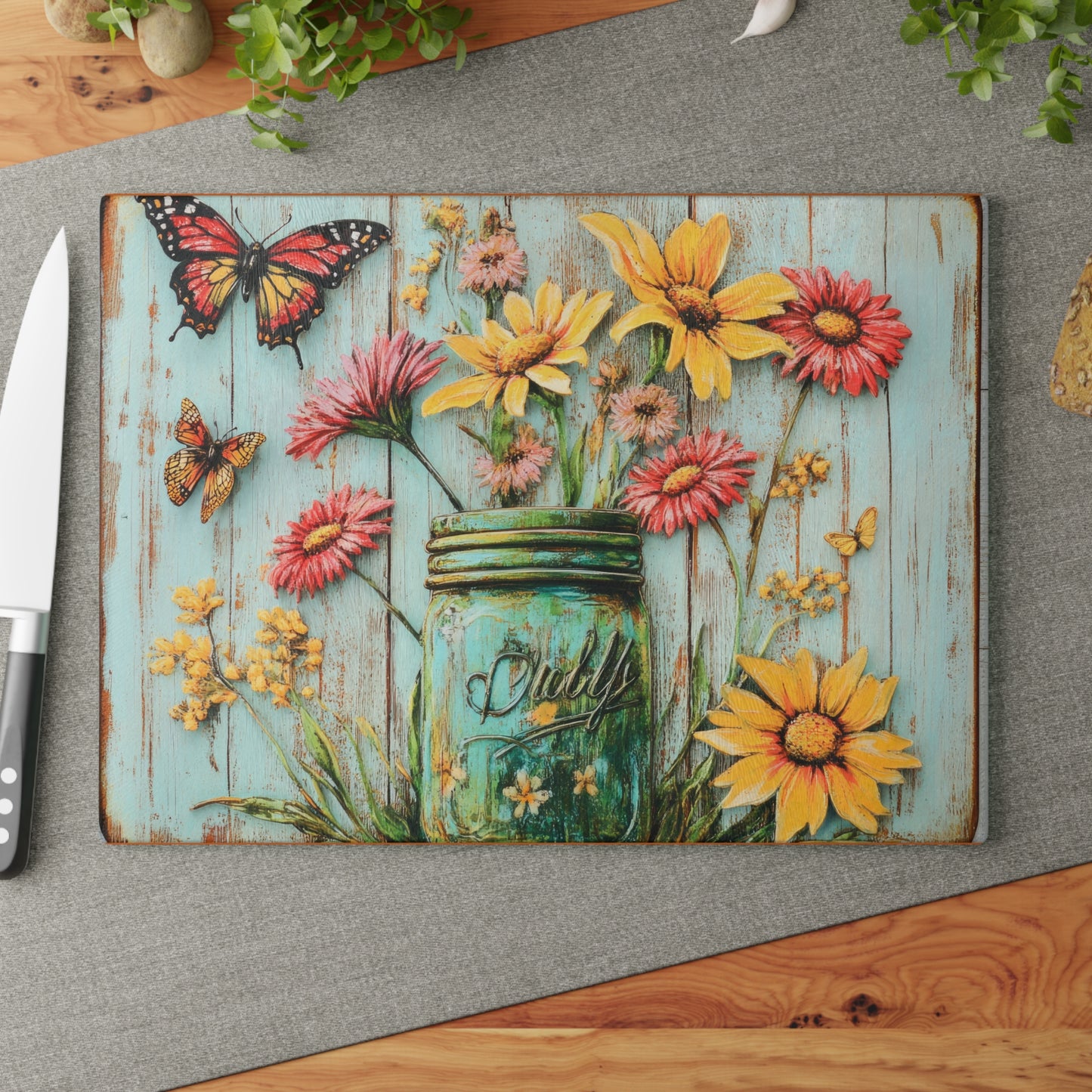 Floral Mason Jar Glass Cutting Board - Rustic Charm