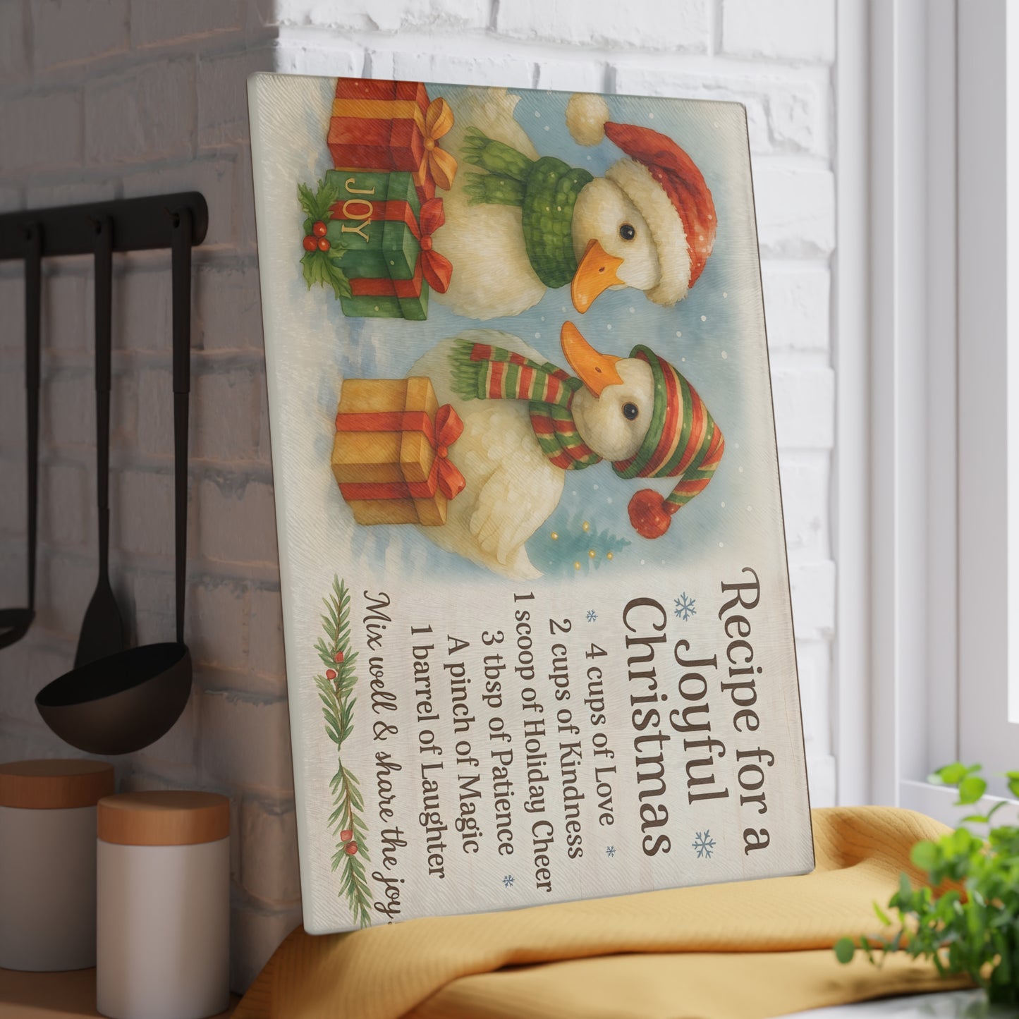 Festive Holiday Glass Cutting Board - Joyful Christmas Recipe
