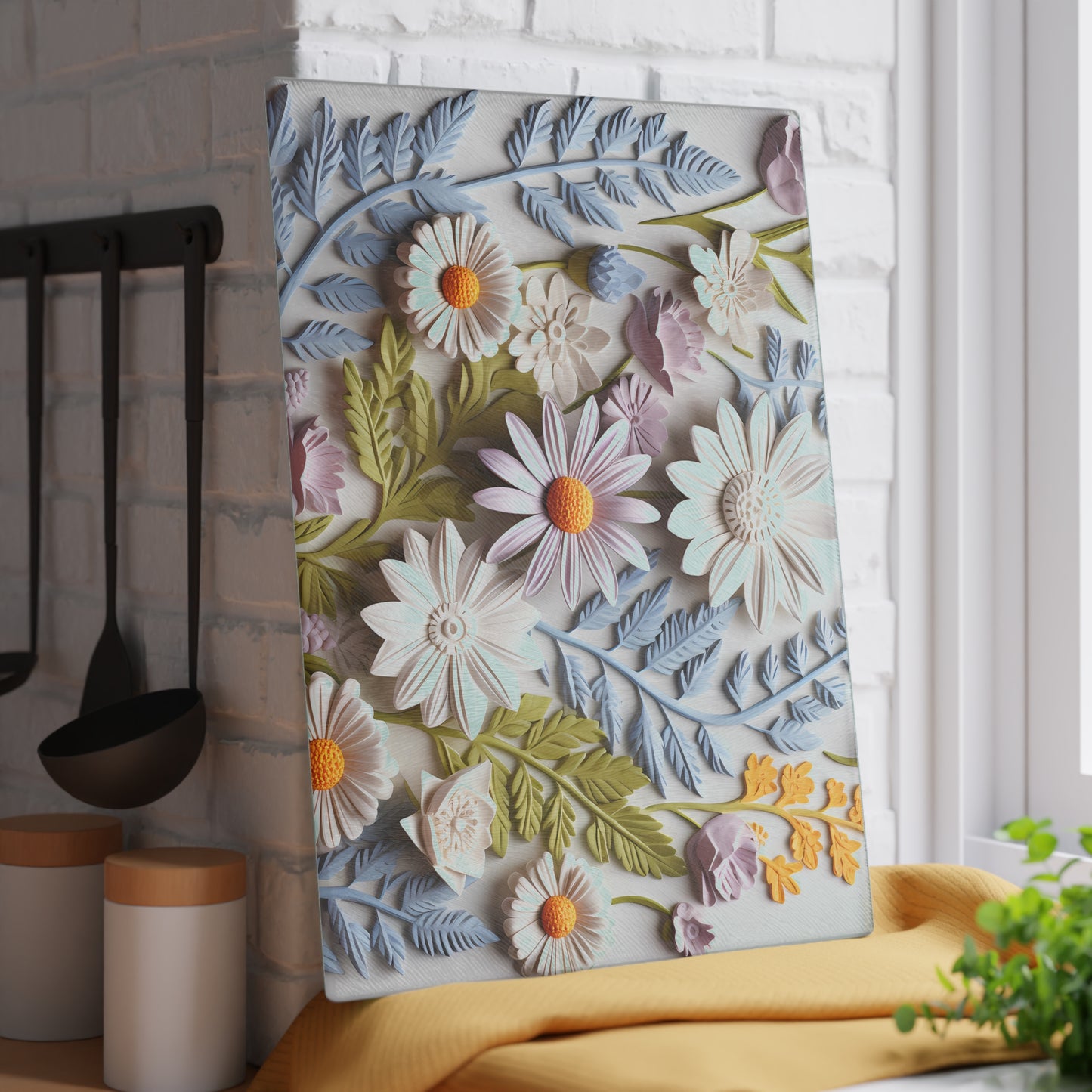 Floral Design Glass Cutting Board - Elegant Kitchen Decor for Food Prep