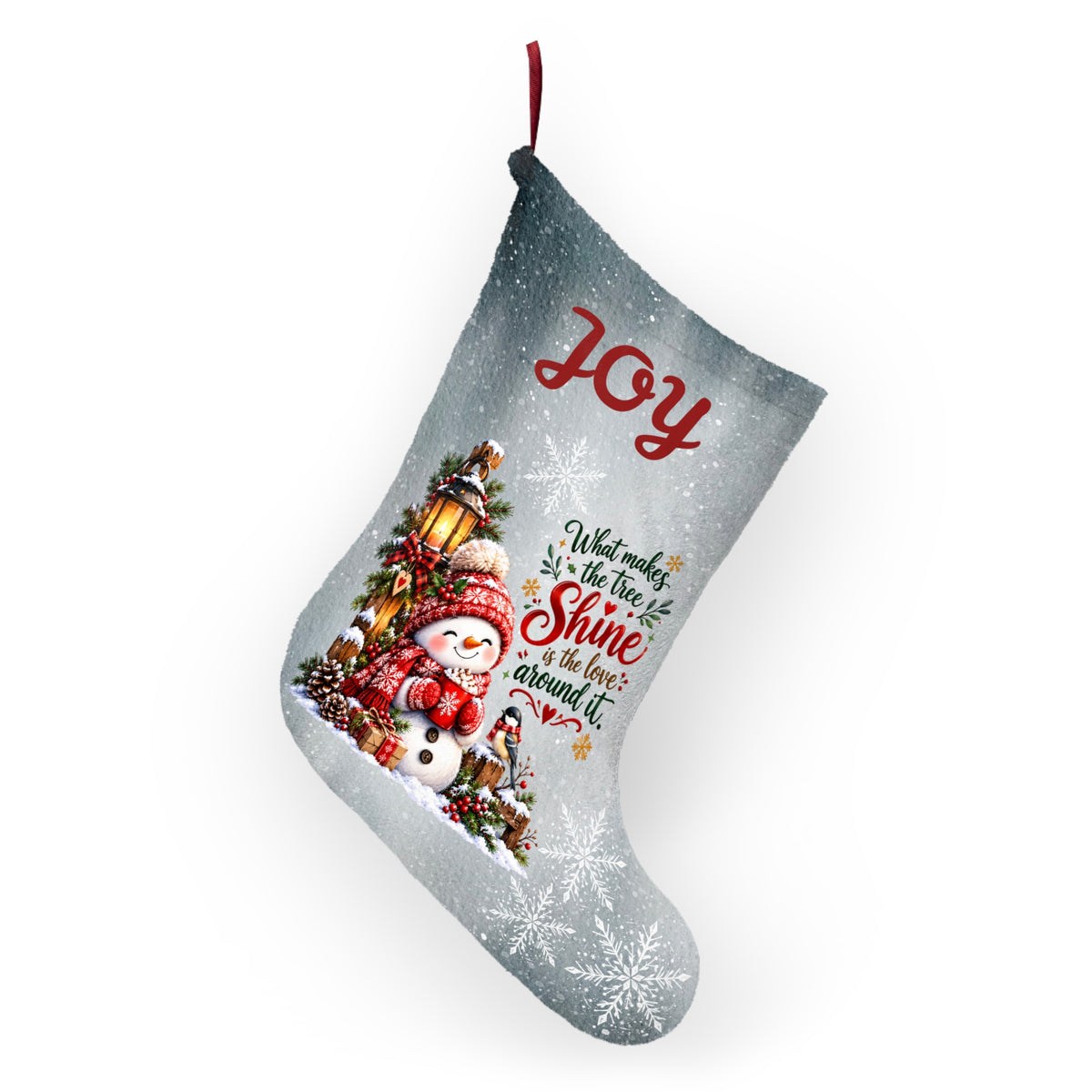Joy Christmas Stocking with Snowman and Inspirational Quote