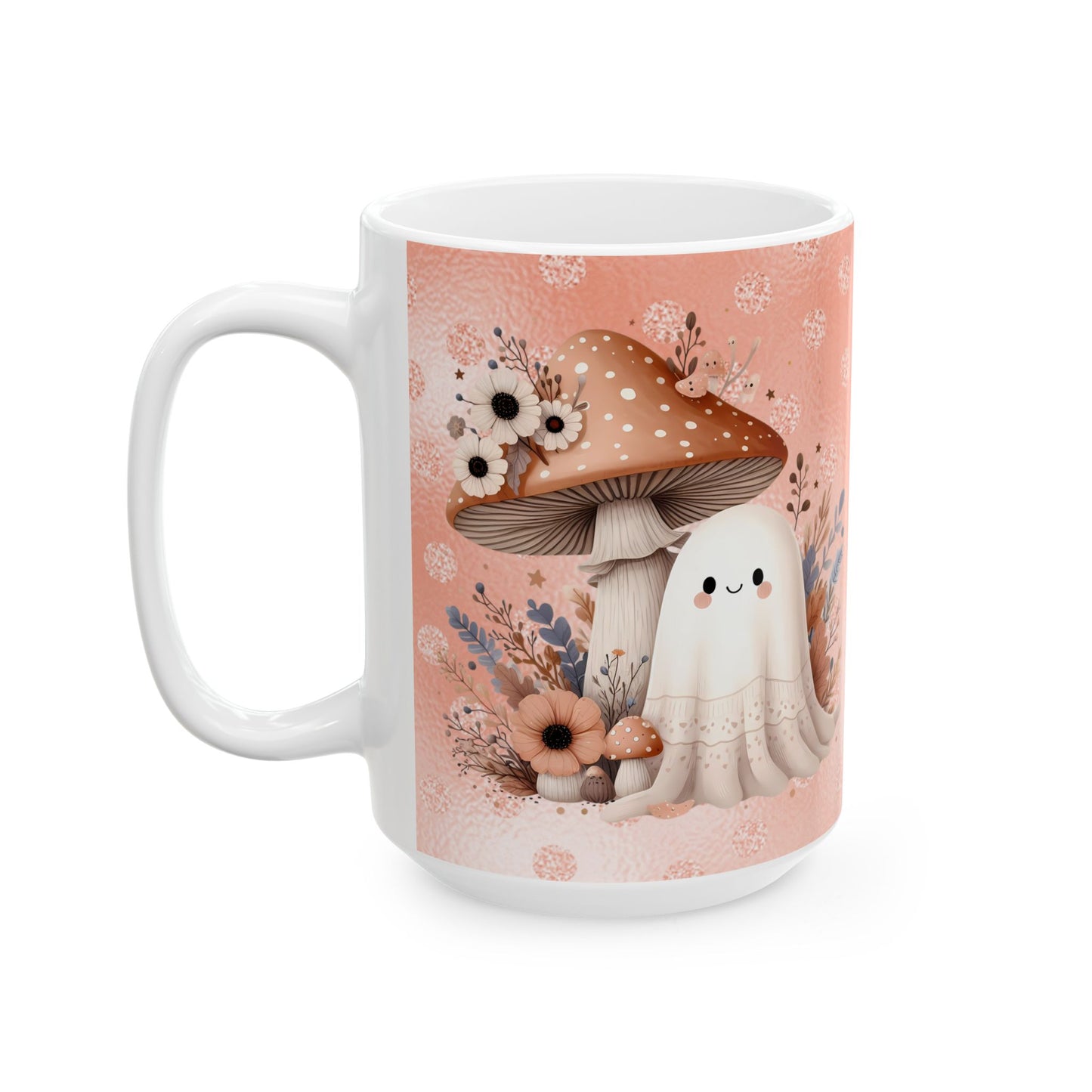 Whimsical Floral Mushroom Cute Ghost Mug, Cute Cafe Mug, Halloween Gift, Cozy Beverage Container, Fall Decor, Coffee Lover Gift