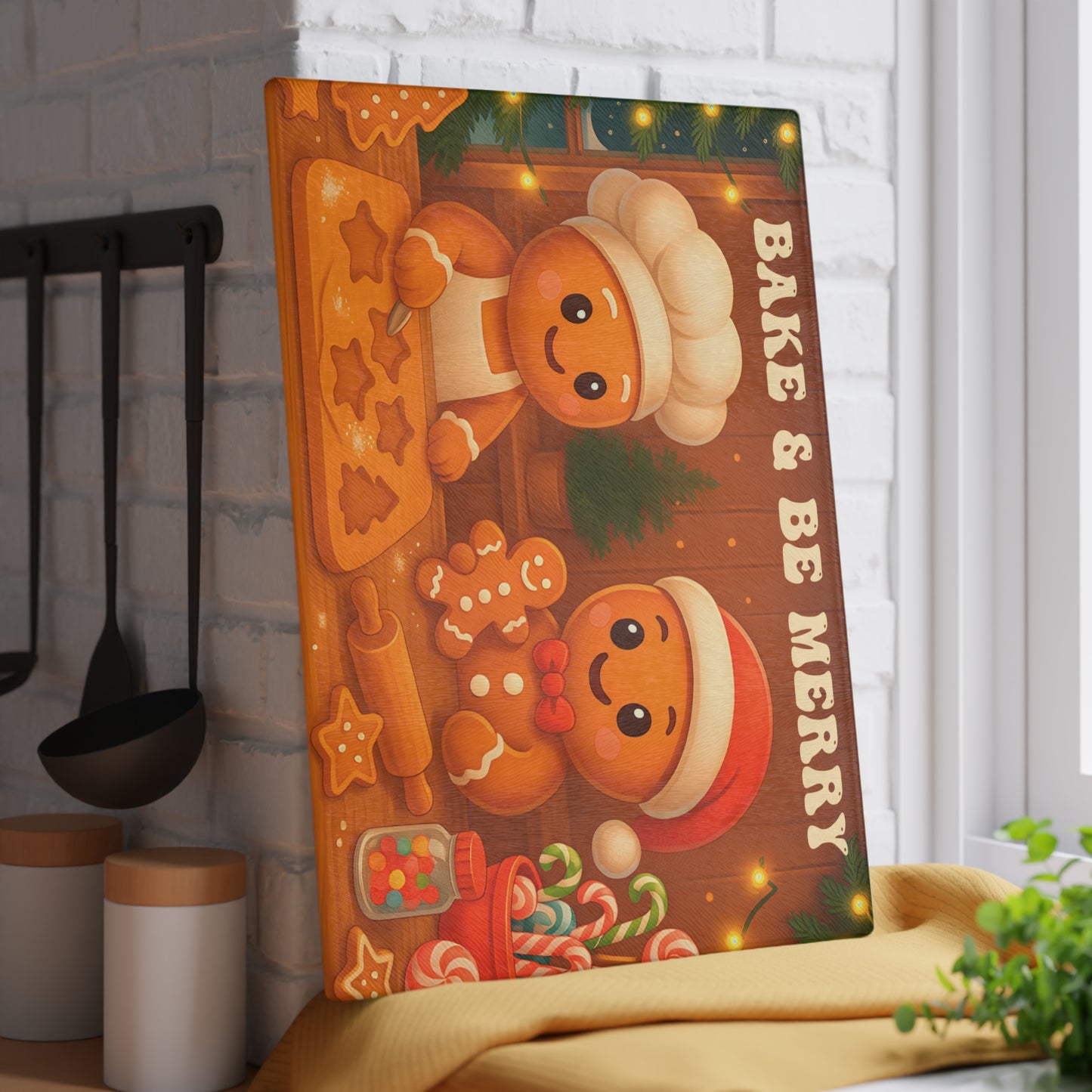 Festive Gingerbread Glass Cutting Board - "Bake & Be Merry"