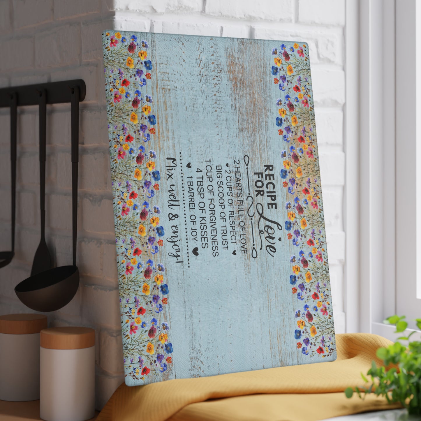 Glass Cutting Board - "Recipe for Love" Floral Kitchen Decor, Decorative Tempered Glass Chopping Board, Wedding & Mother’s Day Gift