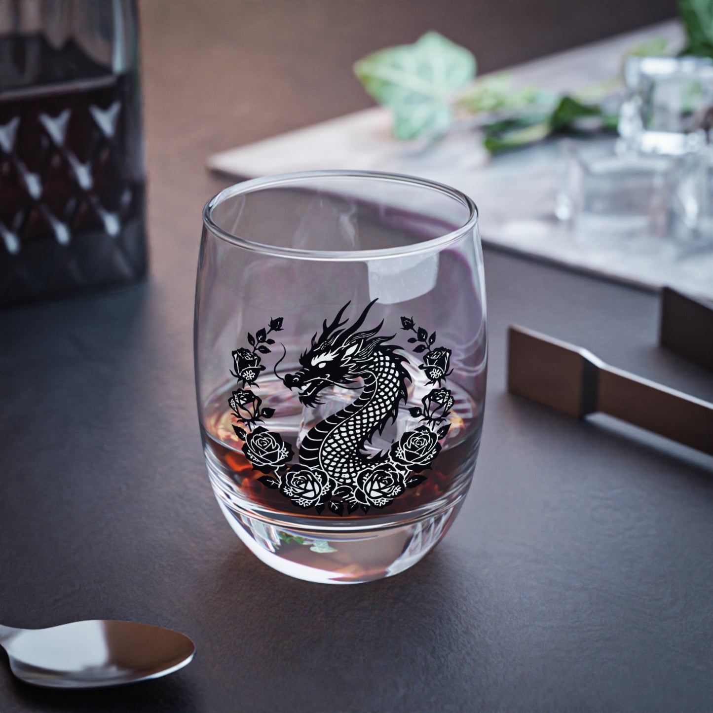Dragon & Roses Whiskey Glass 6oz โ Etched Black Dragon Whiskey