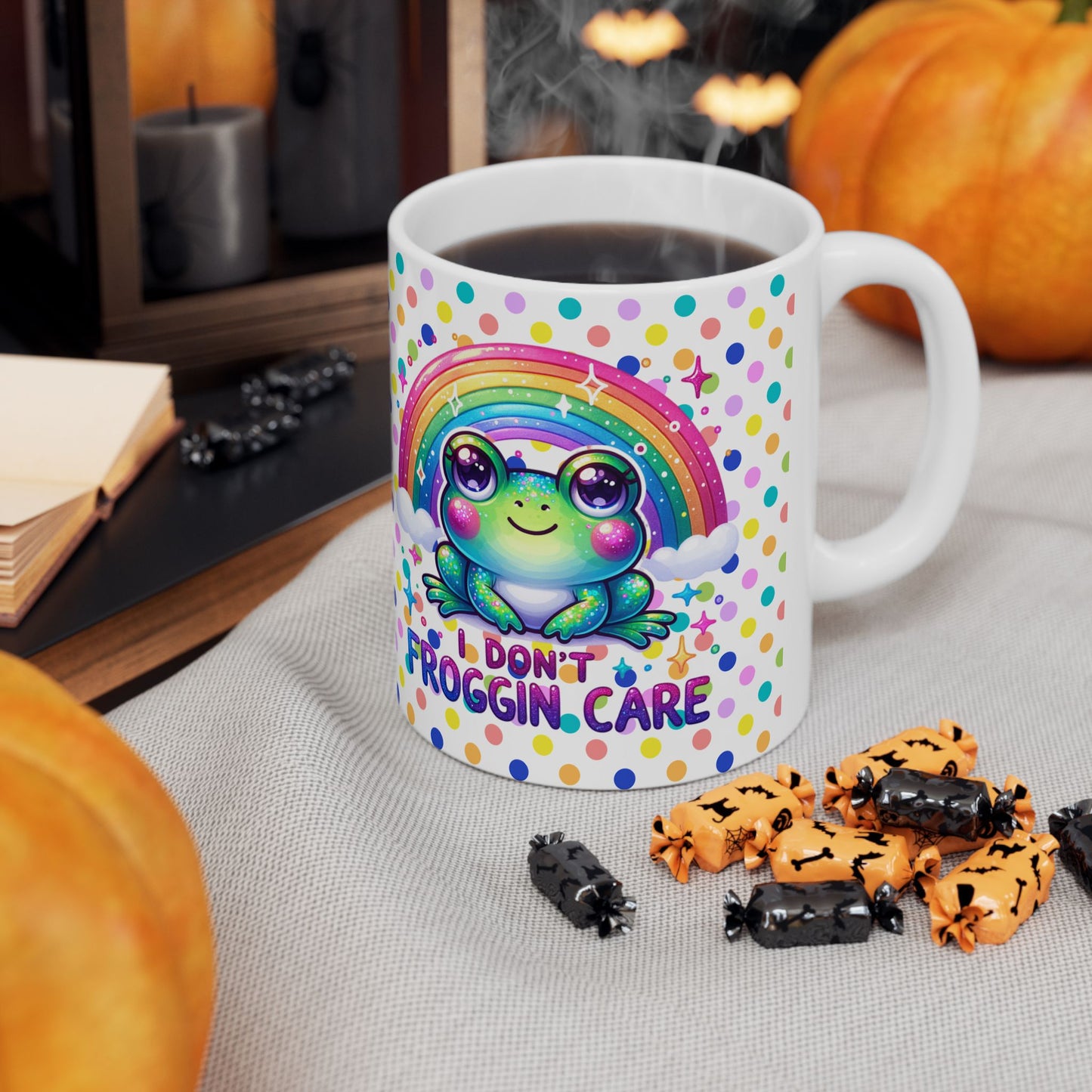 Whimsical Frog Ceramic Mug | Rainbow Polka Dot Design | Fun Gift Idea, Colorful Coffee Cup, Cute Home Decor,