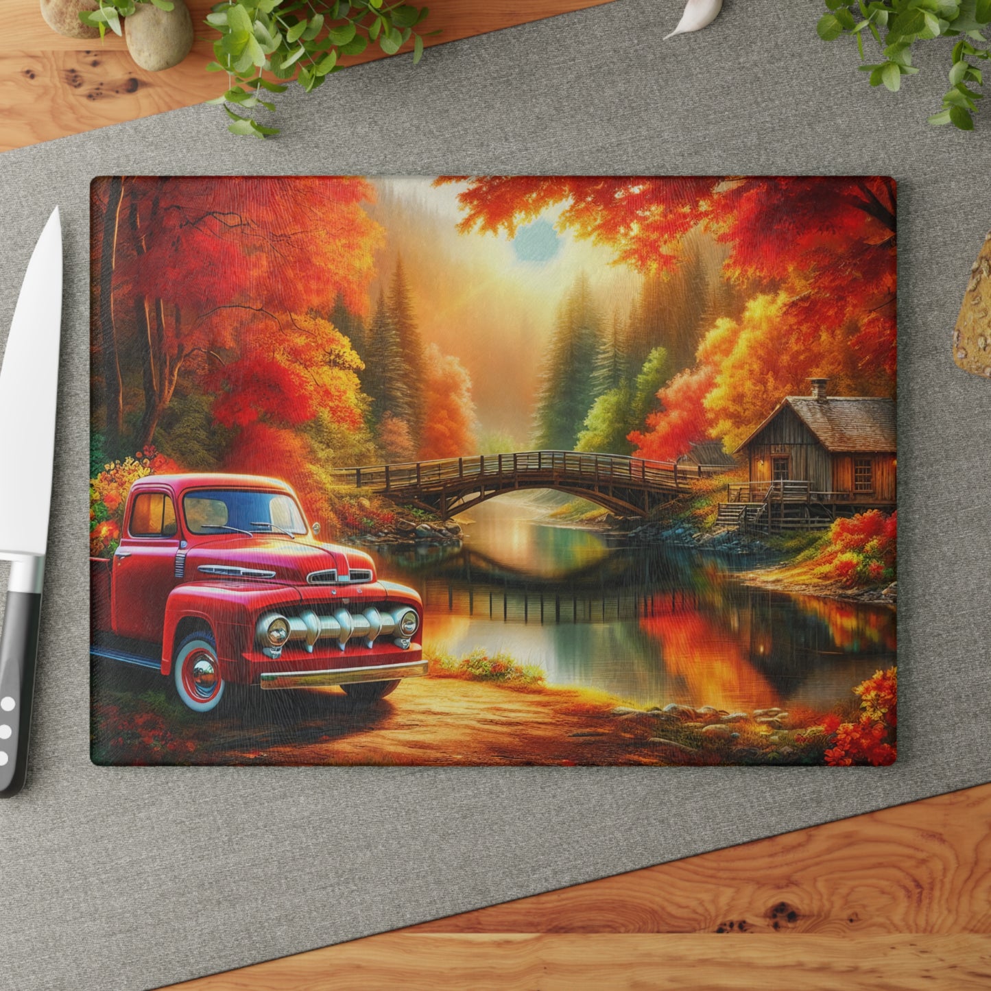 Rustic Autumn Glass Cutting Board with Vintage Truck Design
