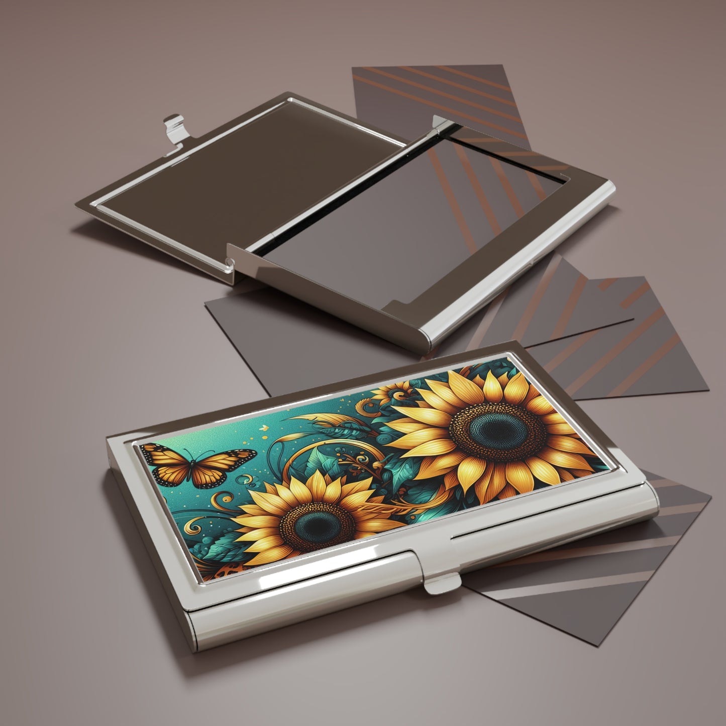 Sunflower & Butterfly Metal Business Card Holder — Floral Professional Card Case