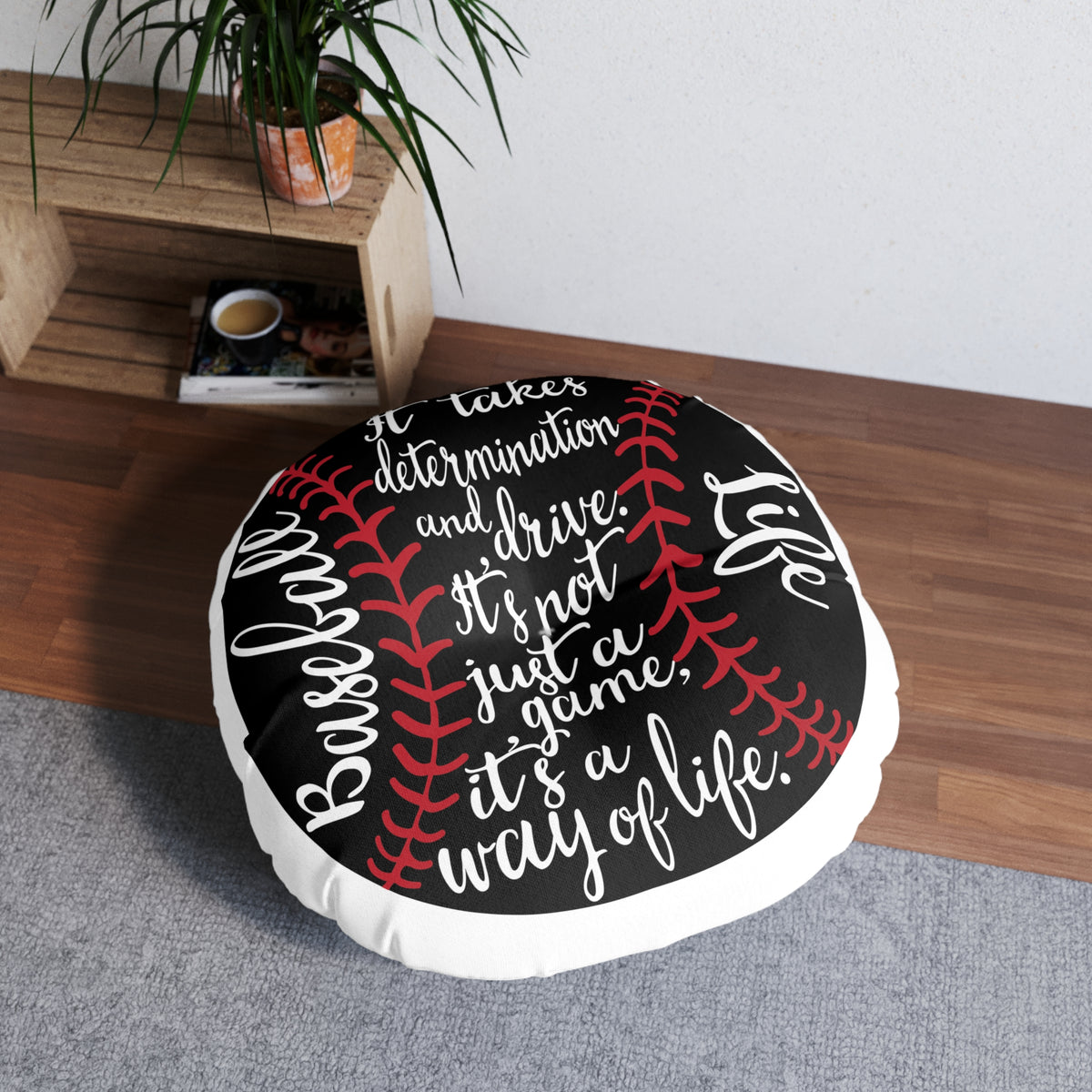 Round Tufted Floor Pillow - Baseball Theme