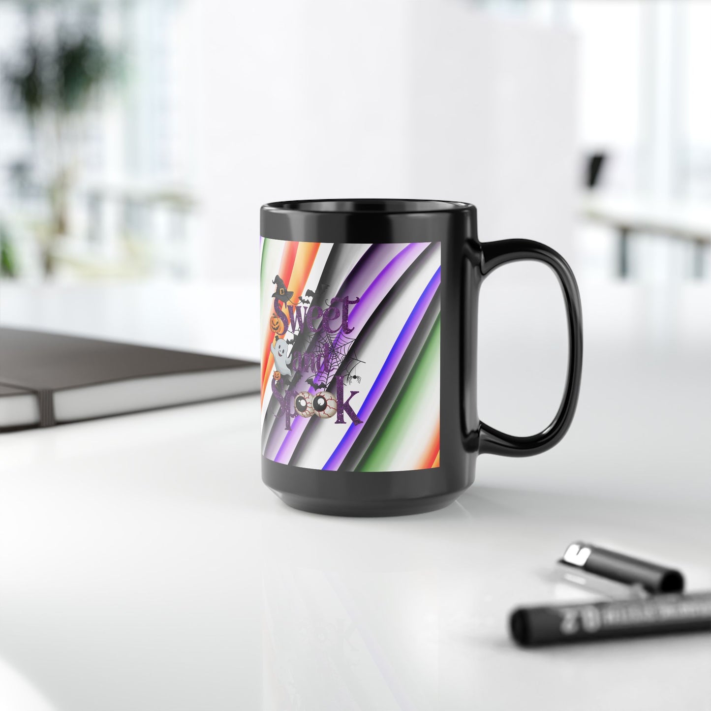Halloween Theme Black Mug (11oz, 15oz), Cute Halloween Expression, Halloween Lovers, Coffee, Tea, Hot Chocolate Lovers, Great Gift Idea for Anyone