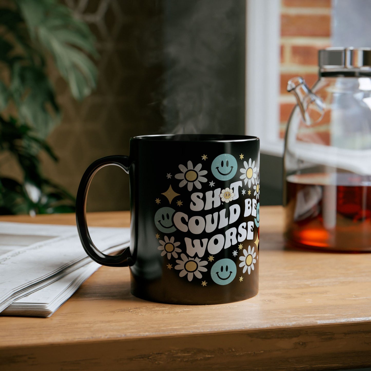 Funny Motivational Black Mug, Cute Gift for Friends, Flower Design, Positive Vibes, Encouragement Beverage Holder