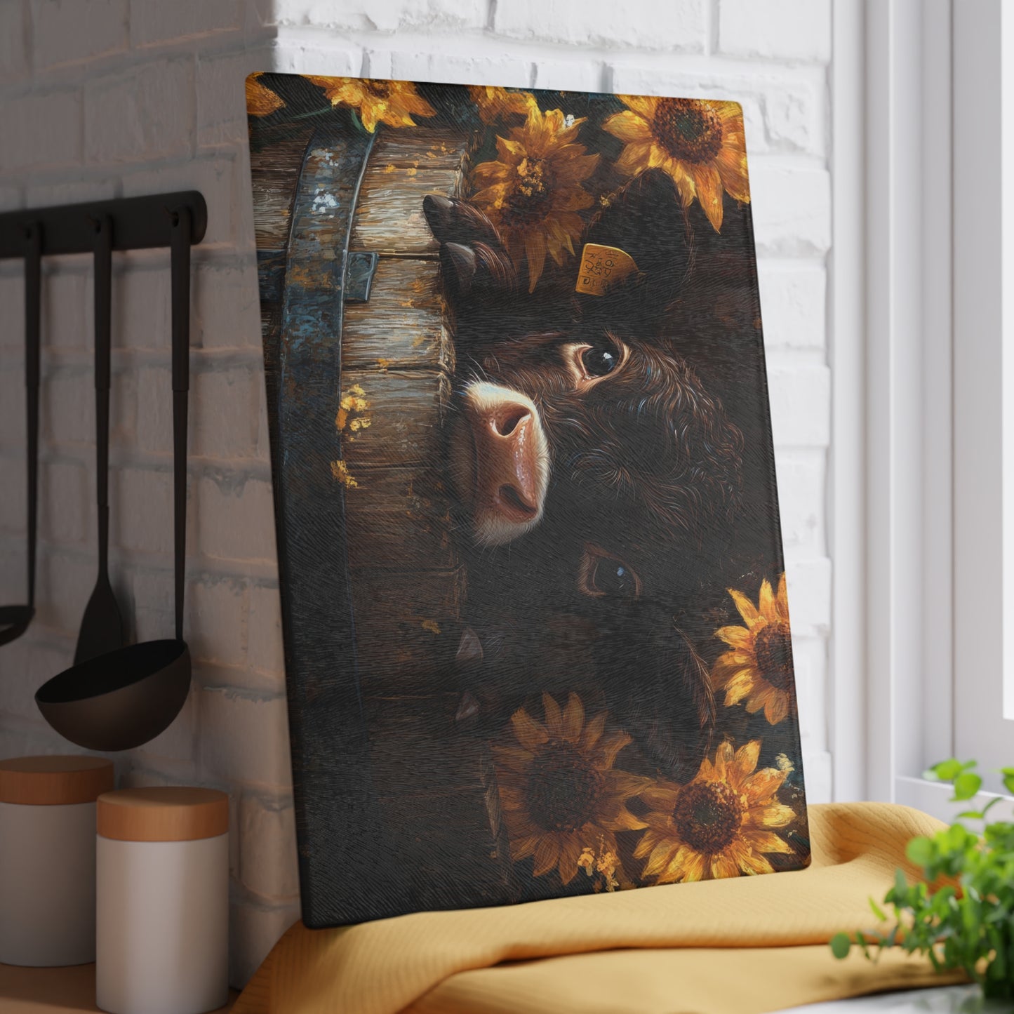 Sunflower Cow Glass Cutting Board - Farmhouse Kitchen Decor