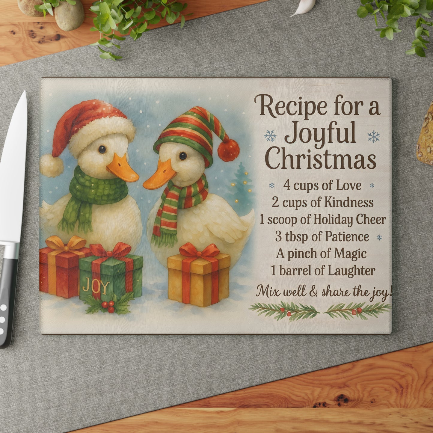 Festive Holiday Glass Cutting Board - Joyful Christmas Recipe