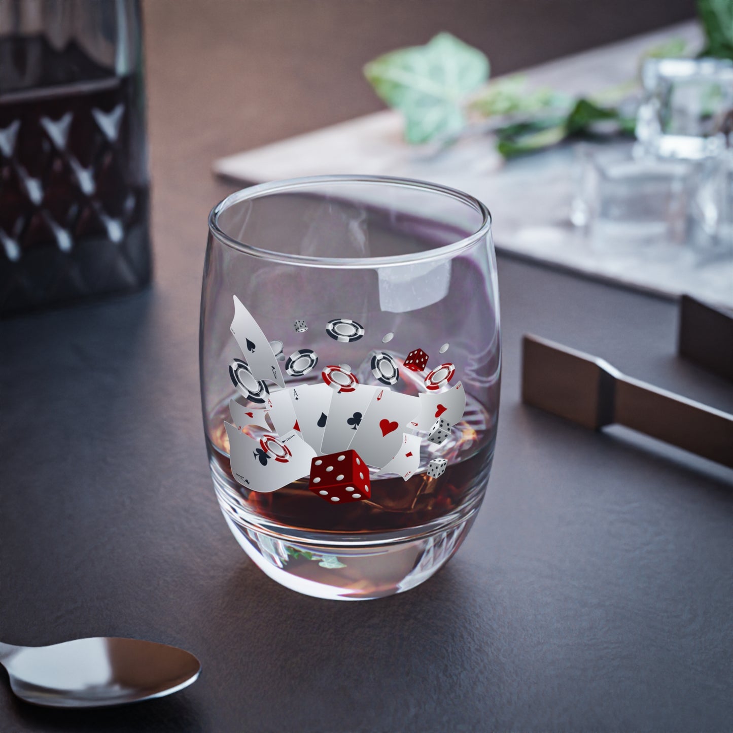 Casino Night Whiskey Glass 6oz — Poker Cards, Dice & Chips