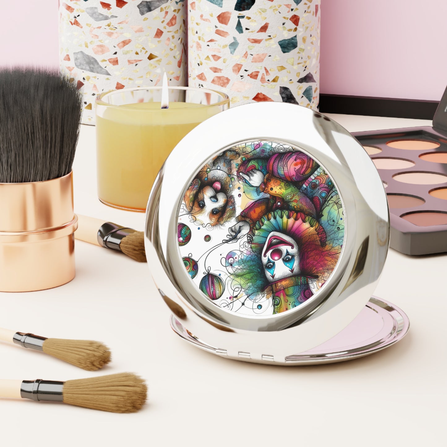 Compact Travel Mirror — Colorful Clown & Puppy Pocket Mirror