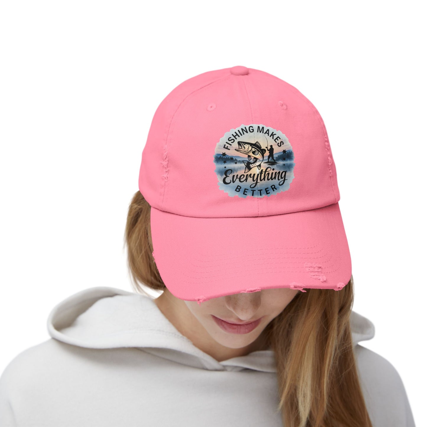 Fishing Humor "Fishing Makes Everything Better" Distressed Cap | Unisex Summer Hat, Fishing Accessories, Outdoor Gear, Gift for Anglers, Casual Headwear